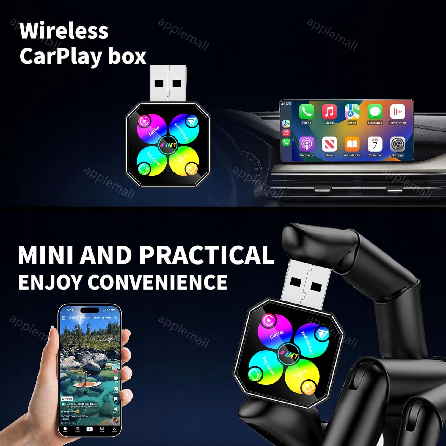 Belaidis 4 viename „CarPlay“ ir „Android Auto“ adapteris automobiliui