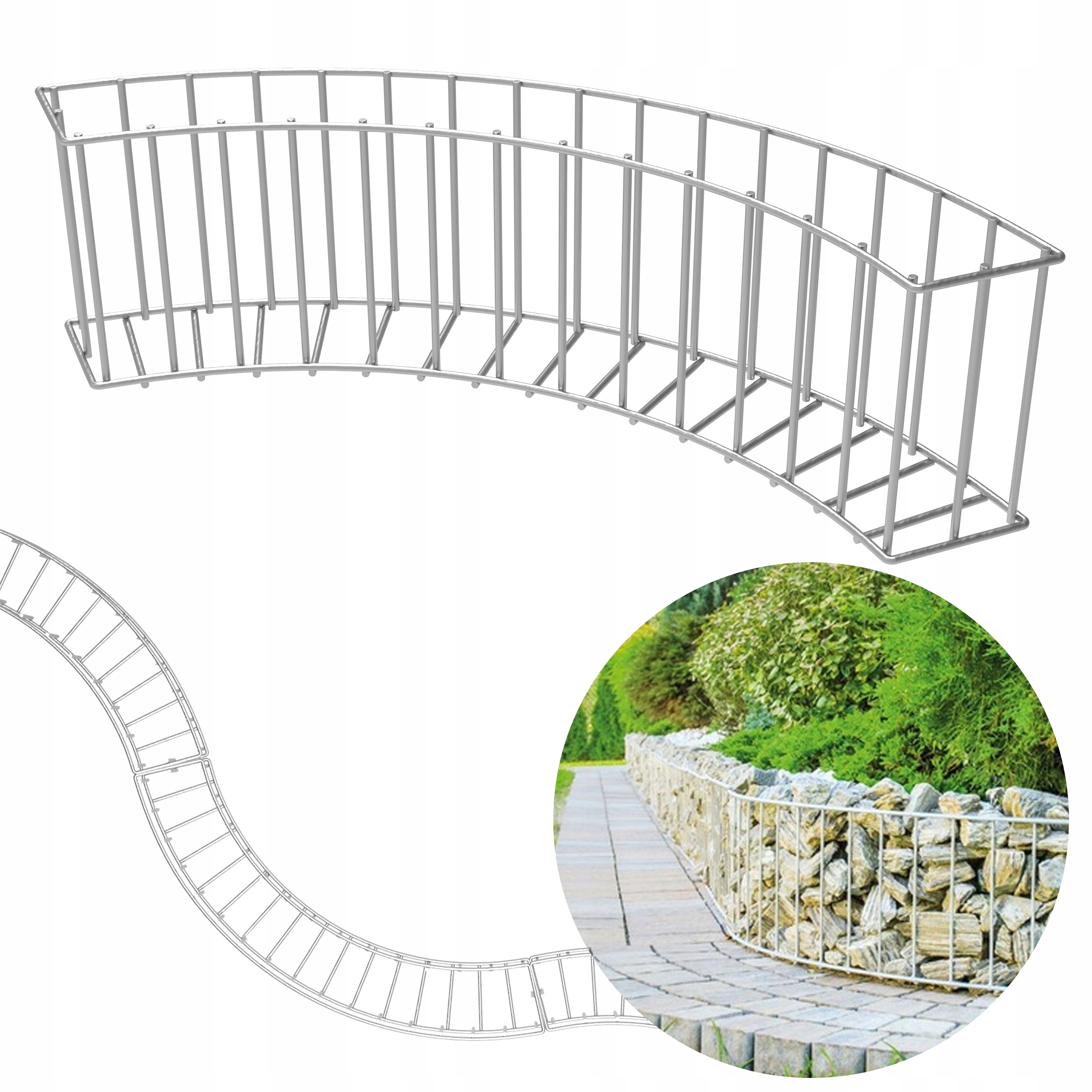 Obrzeże metalowe Łuk 75cm Ocynkowane gabiony na kamień wysoki na 20cm płot