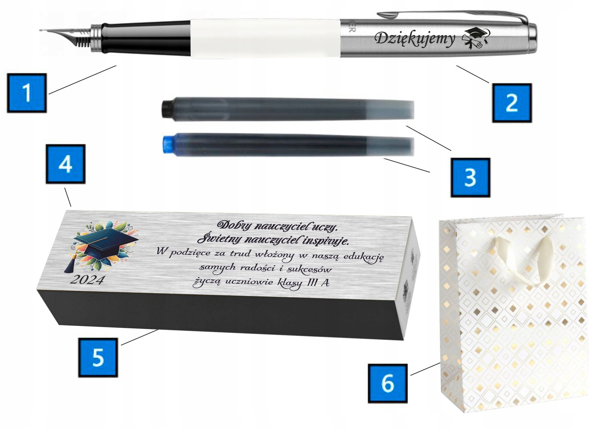 PREZENT DLA NAUCZYCIELA NA KONIEC ROKU PARKER JOTTER BIAŁY PIÓRO Z GRAWEREM Kolor dominujący pióra biały