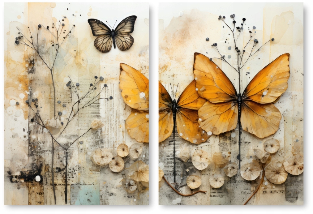 BOHO ROŚLINY MOTYL zestaw 2 plakaty 40x50 obraz beż #366