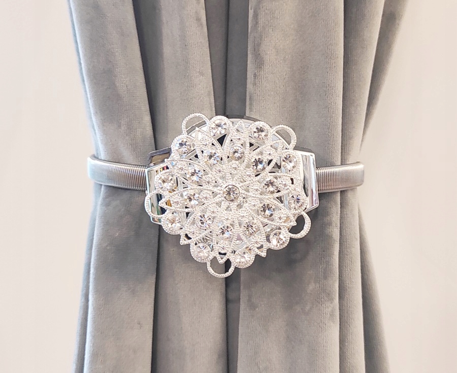 SREBRNA KLAMRA SPINKA FIRAN ZASŁON KWIAT CYRKONIE