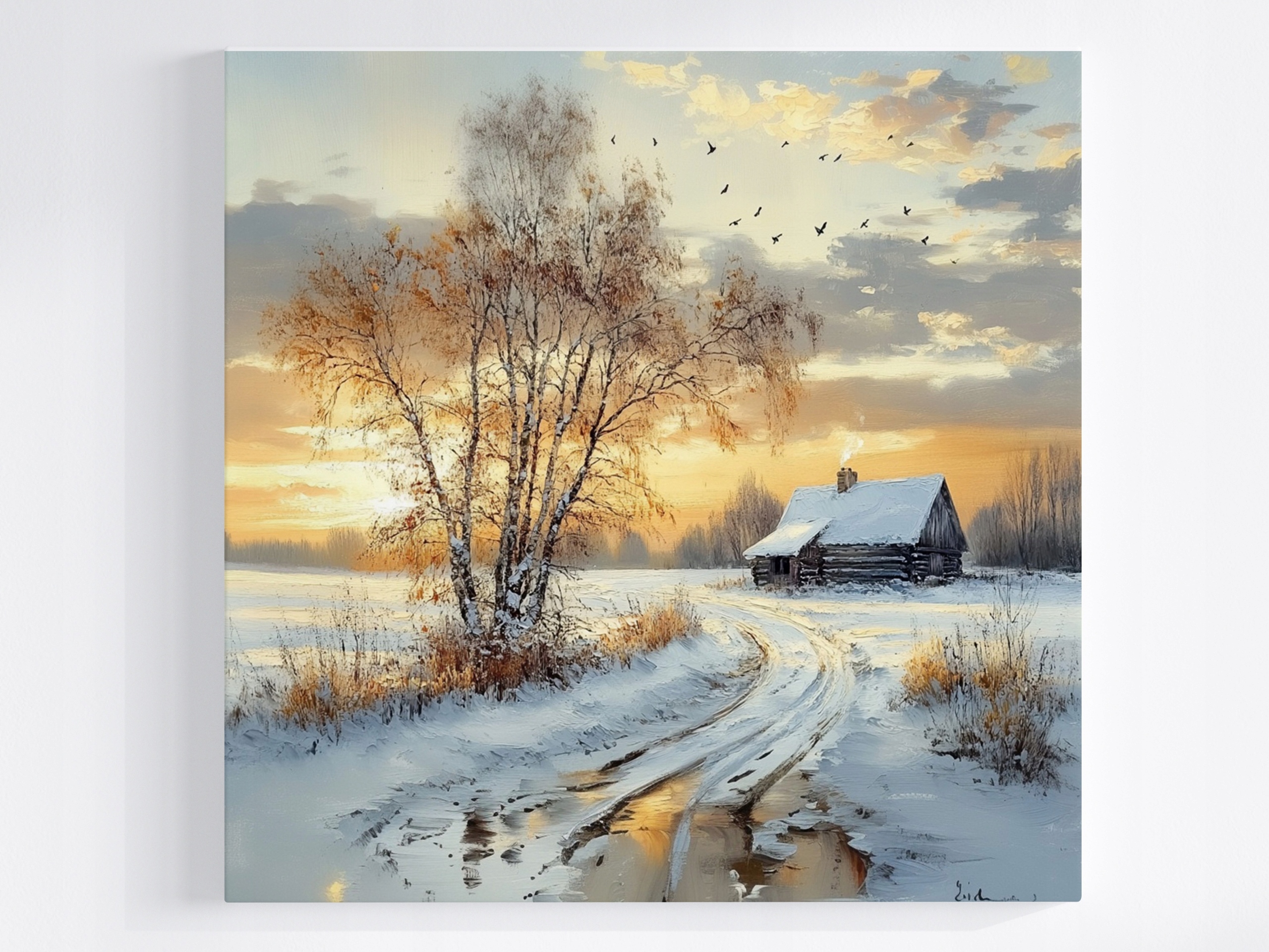 Obraz Na Plátně Canvas Krajina Zima Bříza Sníh Slunce 80x80