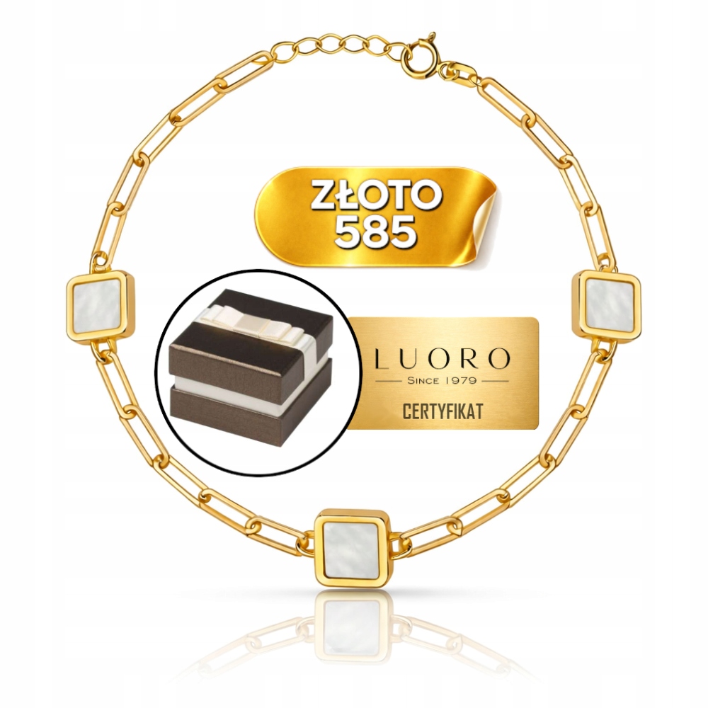 Zlatý náramek 585 14K s dlouhými články a čtverci s perleťovou hmotou 17 cm