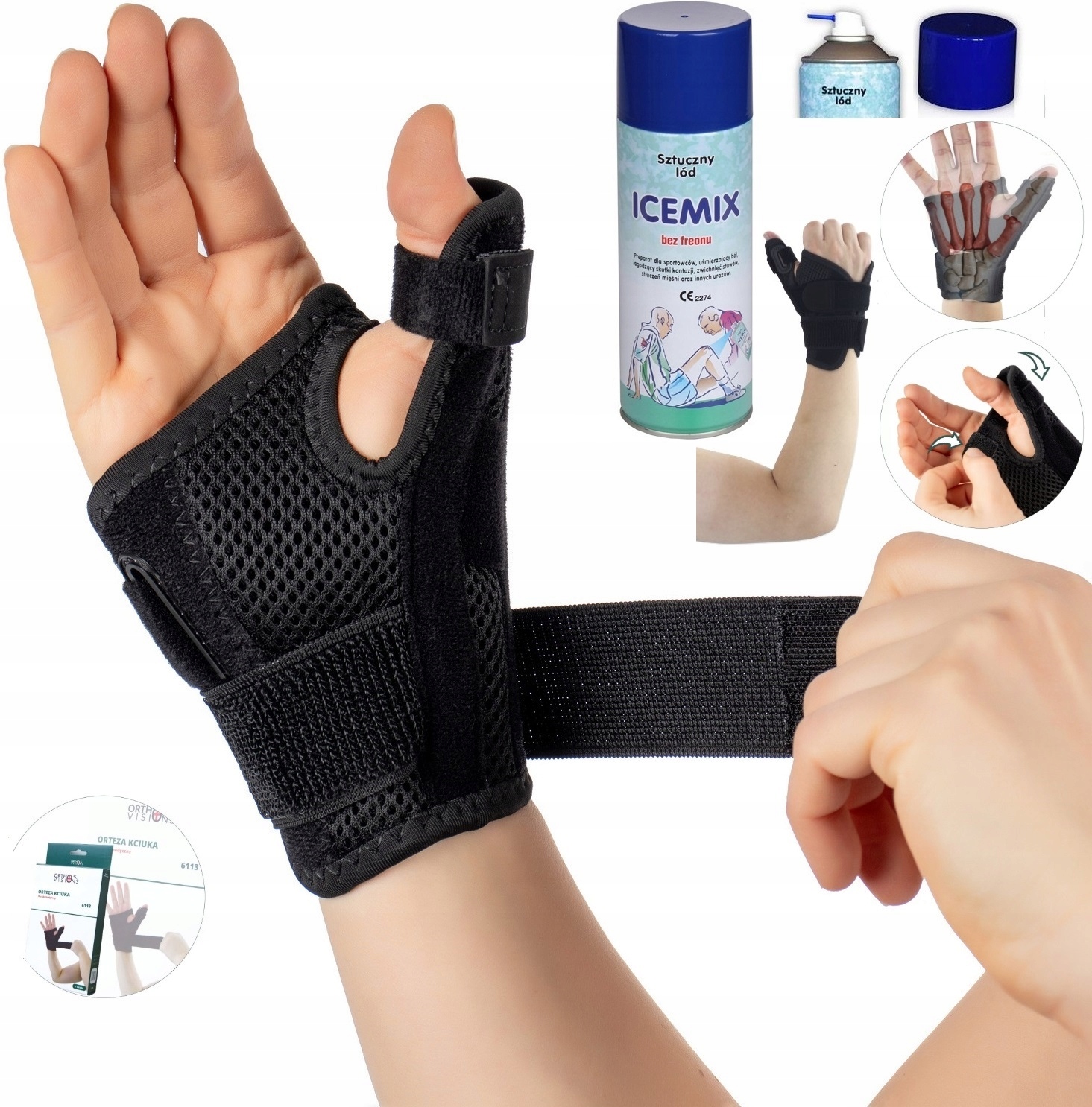 ZESTAW STABILIZATOR KCIUKA DŁONI NADGARSTKA ORTEZA + SPRAY CHŁODZĄCY 400ml
