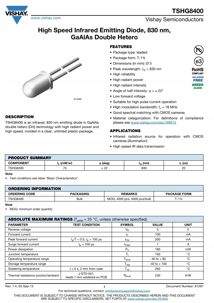 TSHG8400 Dioda IR Infrared Nadajnik 830nm 1.5V 44' 100mA VISHAY __ [2szt] EAN (GTIN) 5907009200170