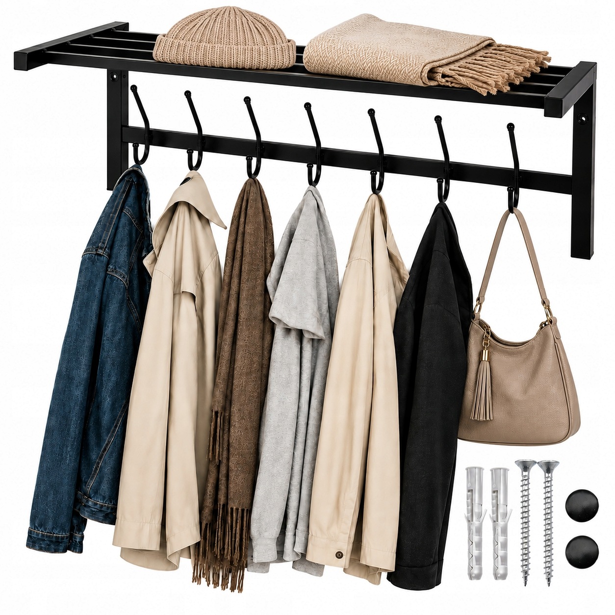 Nástěnný Věšák Na Oblečení 70 CM S Policí, 7 Háčků, Kovový, Loft, Černý