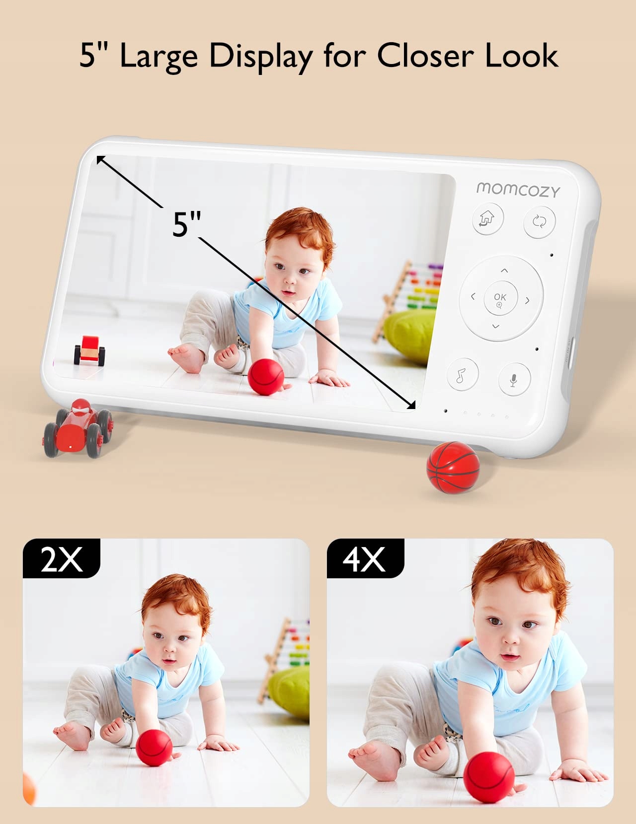 MOMCOZY Niania Elektroniczna 2 Kamery 5 Cali 1080P Ekran Dzielony Audio — miniatura 3