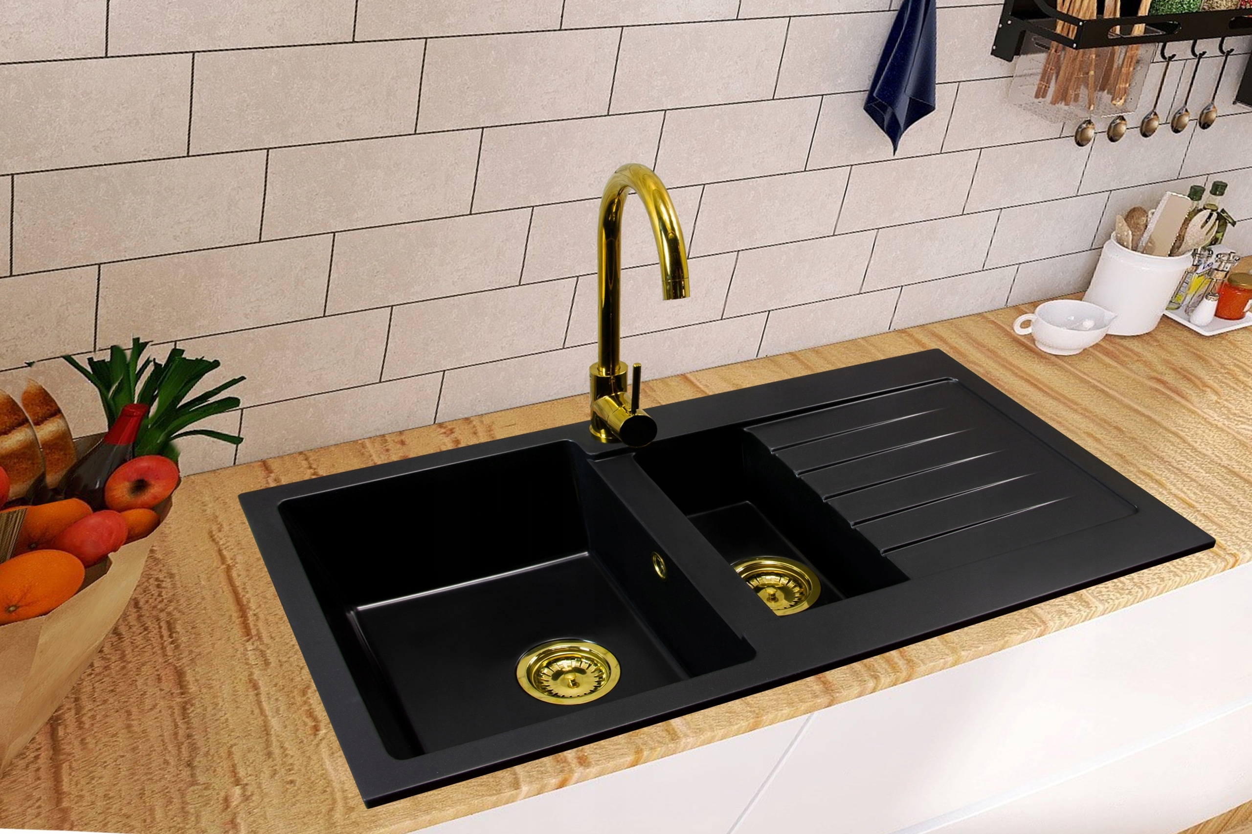 ZLEW ZLEWOZMYWAK GRANITOWY+BATERIA-ZESTAW ZŁOTY Kolor odcienie szarego