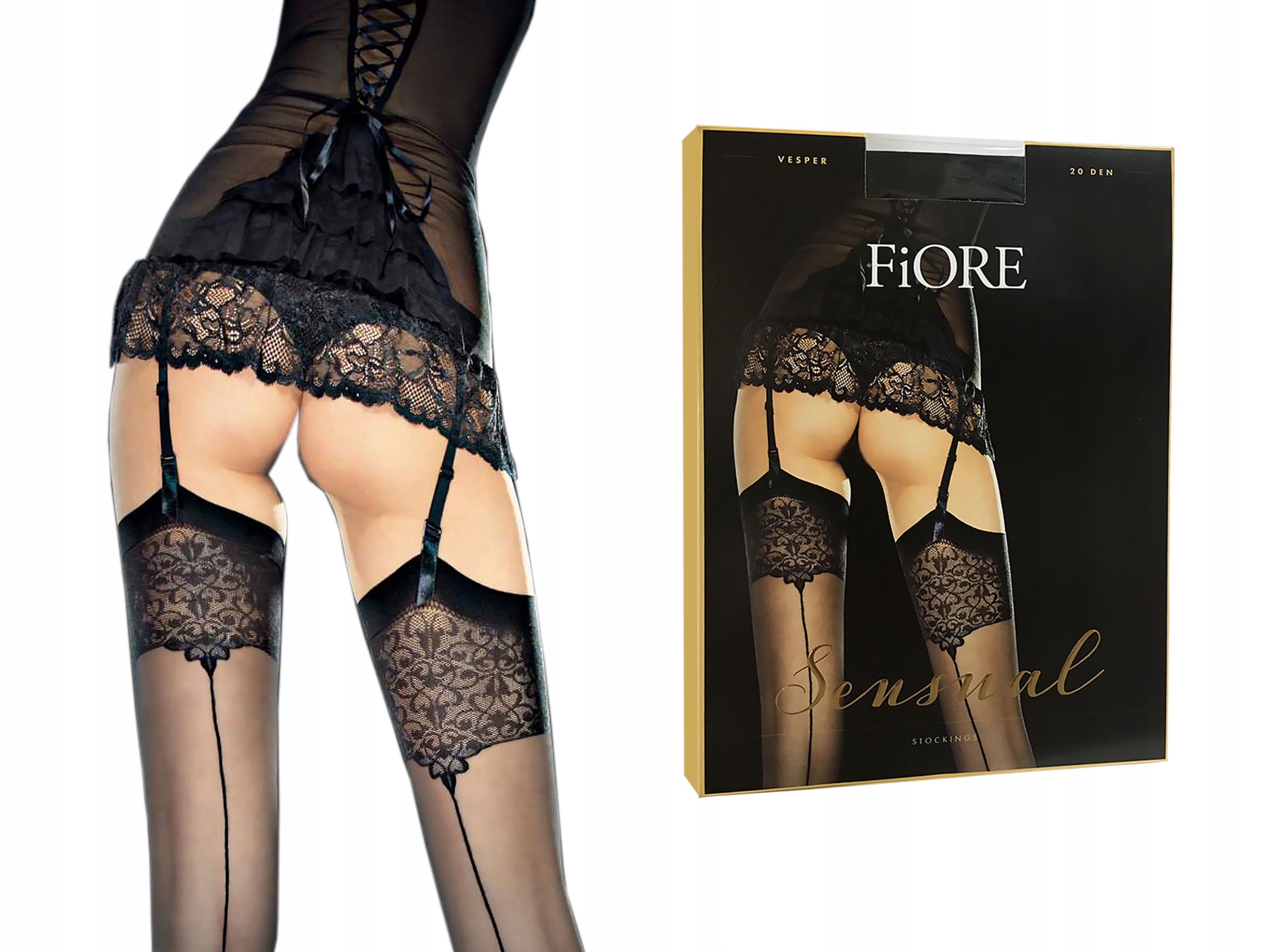 

Fiore Vesper pończochy do pasa ze szwem czarny 2-S