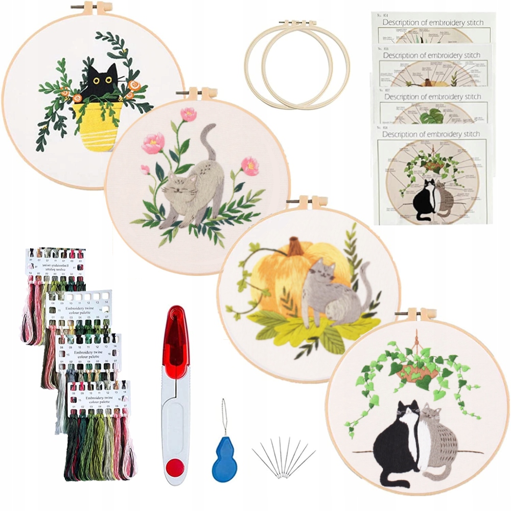 4 sztuki, Zestaw ściegów haftowych Diy, gotowe wzory, koty