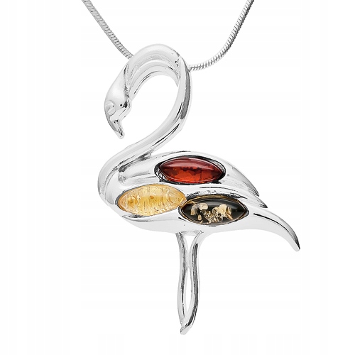 Stříbrný Plameňák přívěsek s přírodním Jantarem Baltský stříbro 925 Přívěsek
