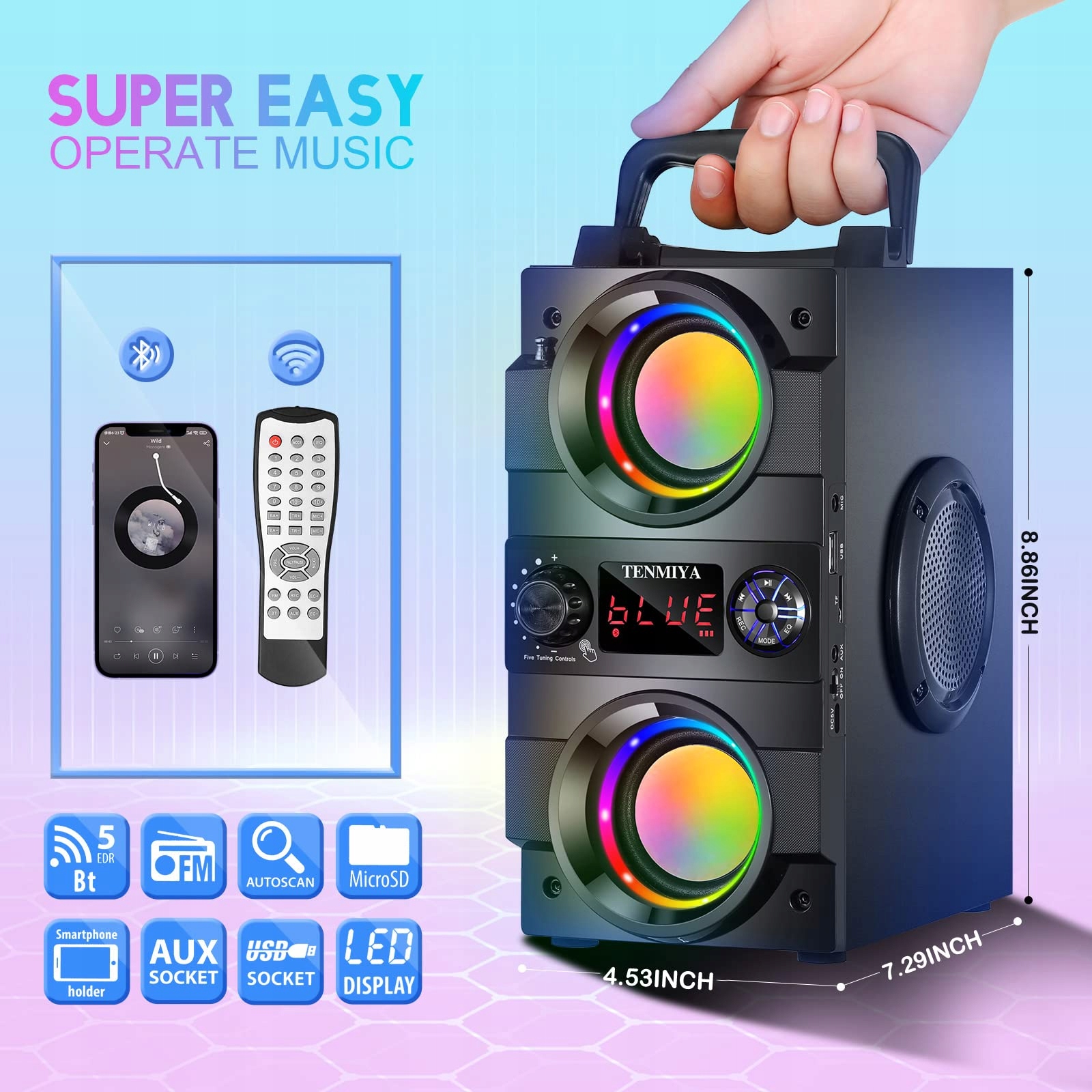 BLUETOOTH GŁOŚNIK 40W PRZENOŚNY Z OŚWIETLENIEM BEZPRZEWODOWY STEREO BASS — miniatura 2