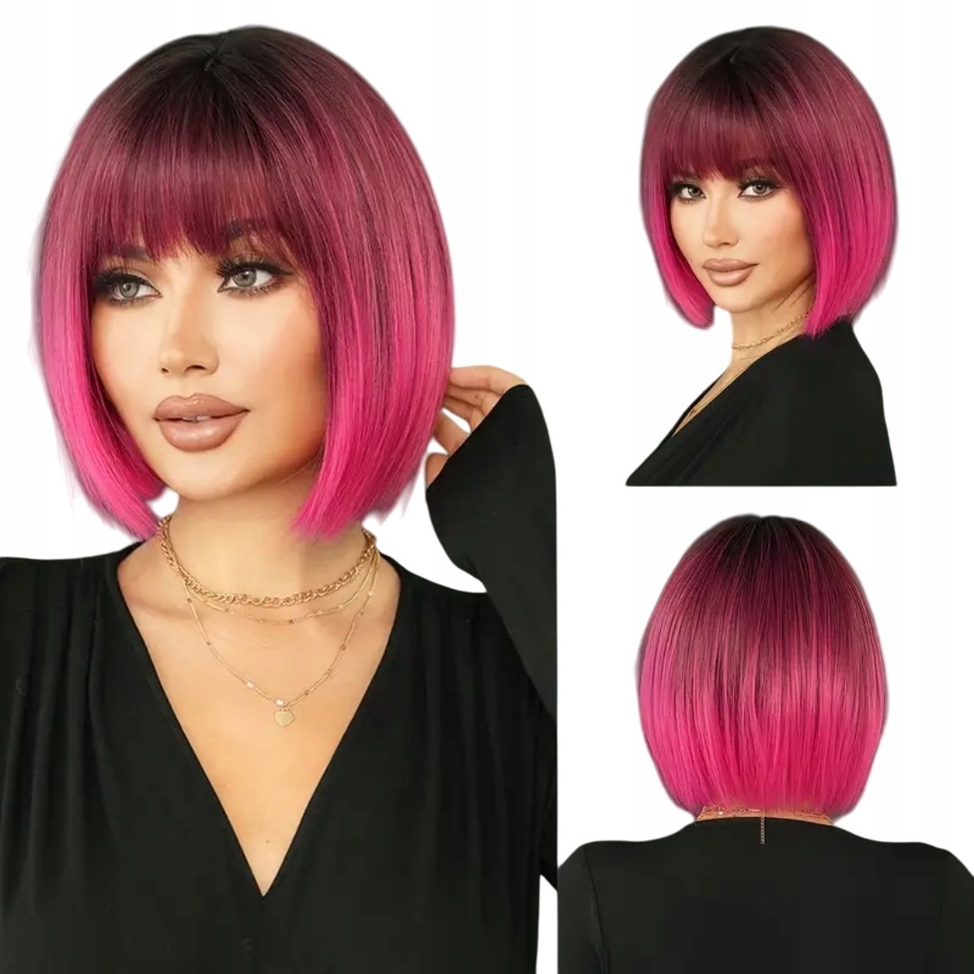 Peruka Damska różowa ombre bob włosy jak naturalne czepek