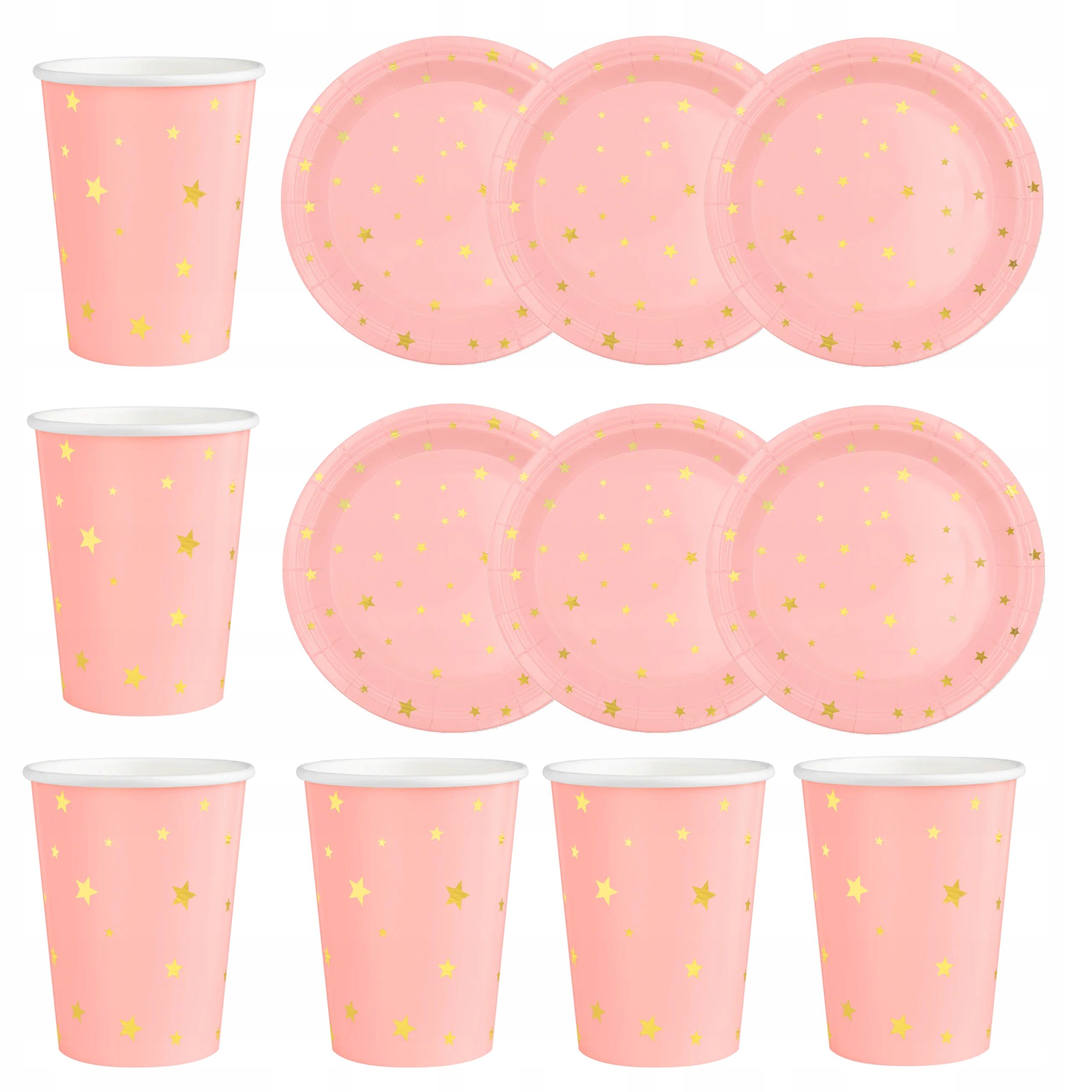 TALERZYKI KUBKI URODZINOWE RÓŻOWE W GWIAZDKI 12szt