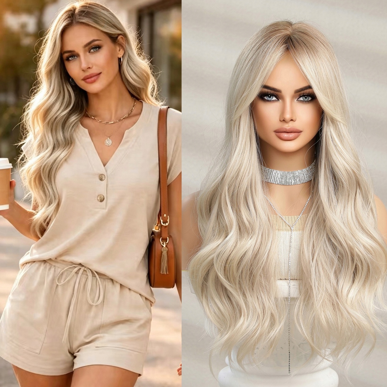 Dámská paruka, dlouhá, mix blond, vlnité vlasy s ofinou