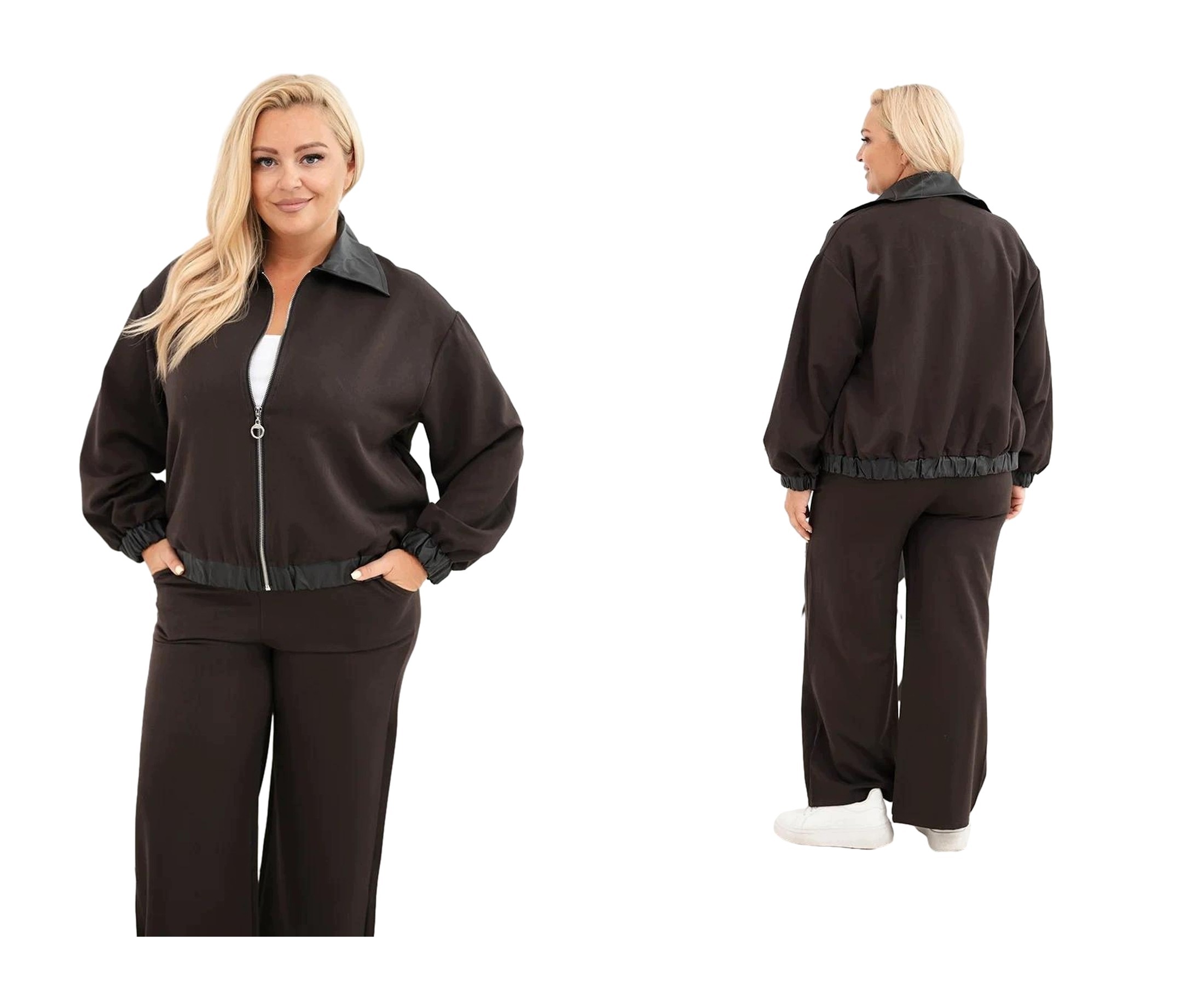 Hnědý dámský komplet Plus Size s mikinou na zip a širokými kalhotami