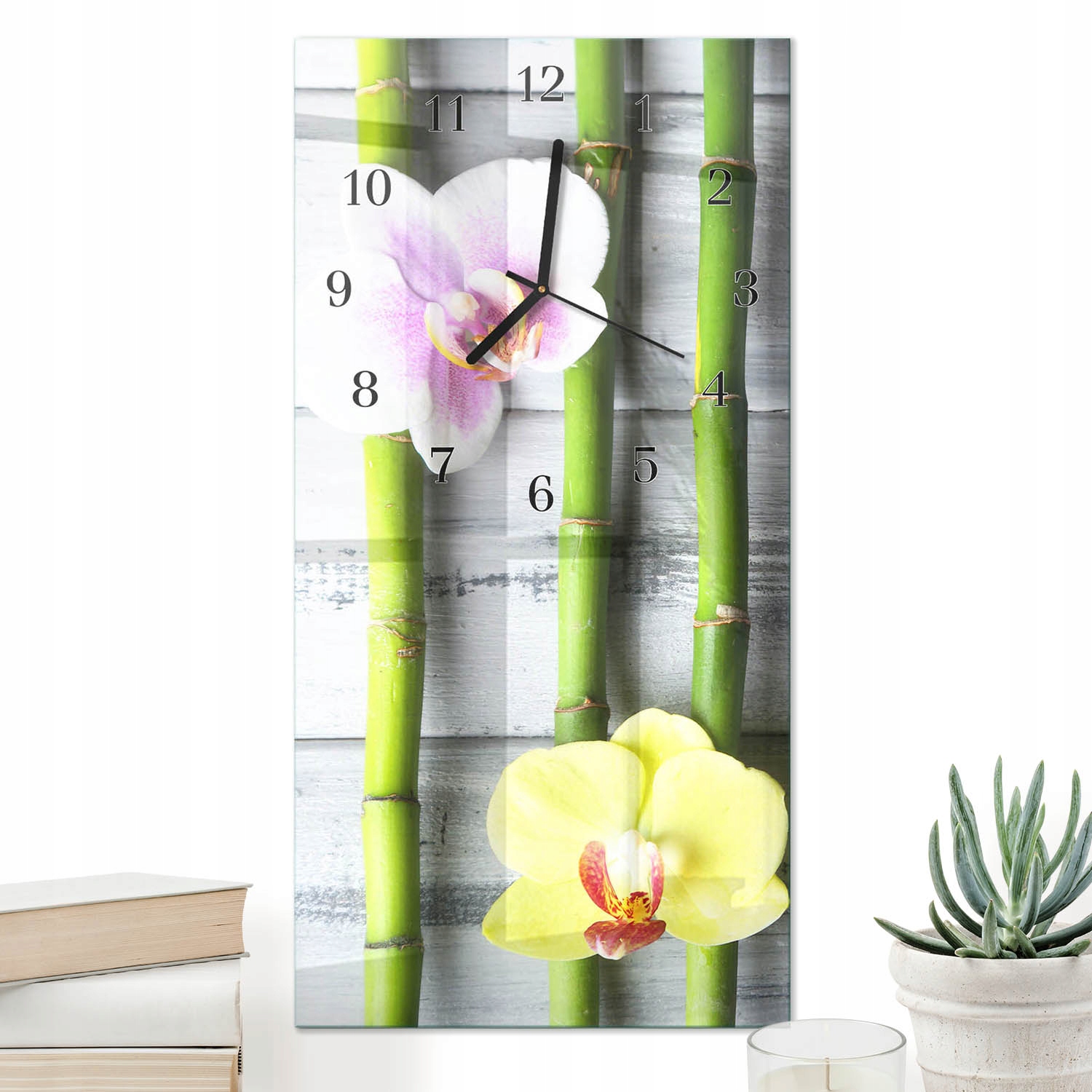 Nástěnný obdélníkový fotoobraz Vertikální hodiny 30x60 cm skleněný bambus Orchidejový