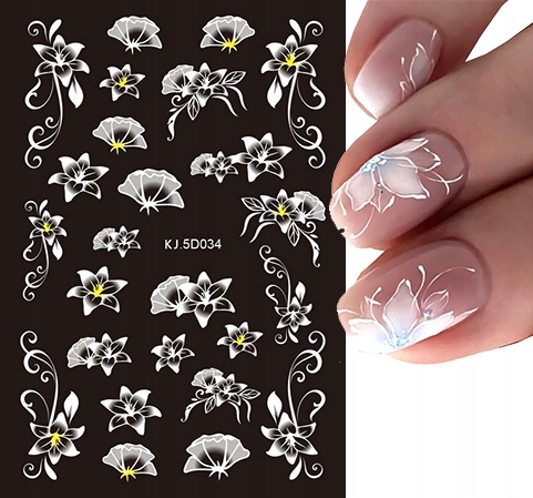 NAKLEJKI NA PAZNOKCIE 5D SAMOPRZYLEPNE BIAŁE KWIATY KJ5D034