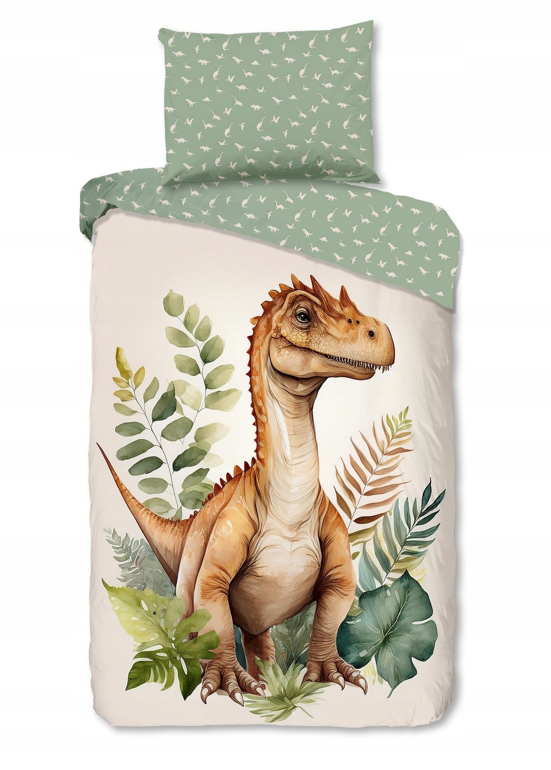 Pościel 140x200 dinozaur liście dżungla dwustronna beżowa zielona t-rex