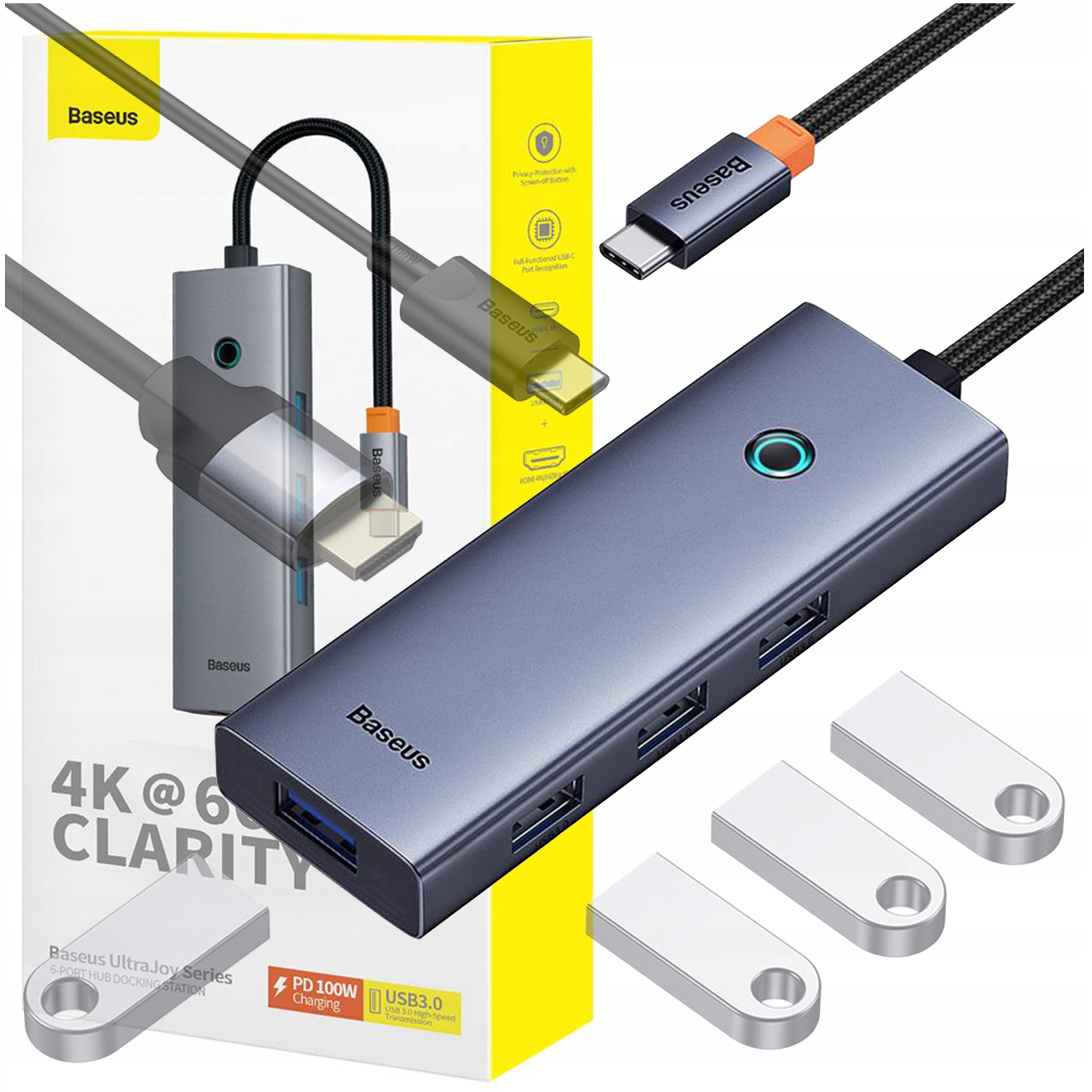 Hub Usb-c 6v1 Baseus Usb-c na Hdmi 4K 60Hz 4 x Usb-a 3.0 5 Gbps Usb-c Pd