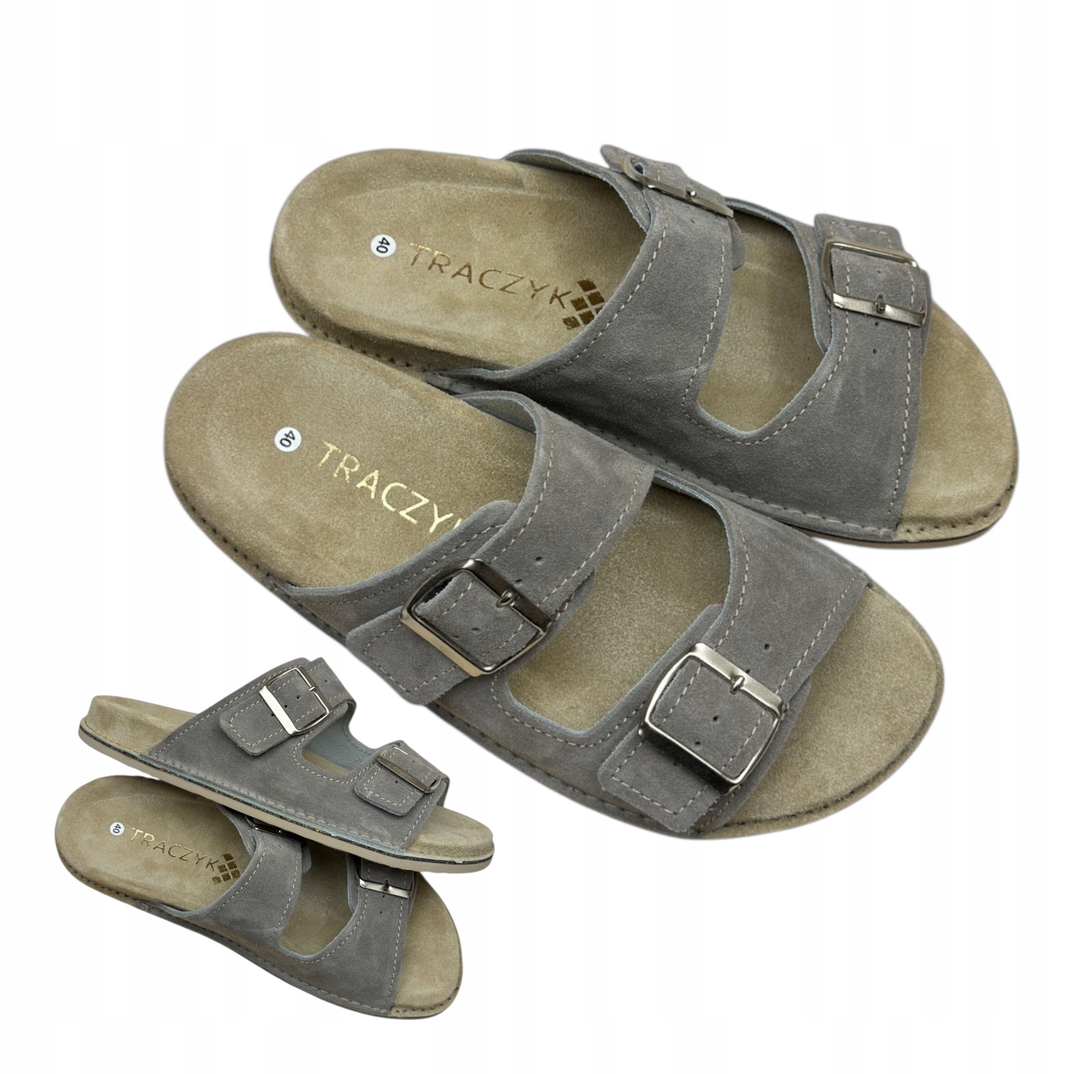 Klapki Skóra Naturalna Fusbet Taupe Regulowane Zamszowe r.40