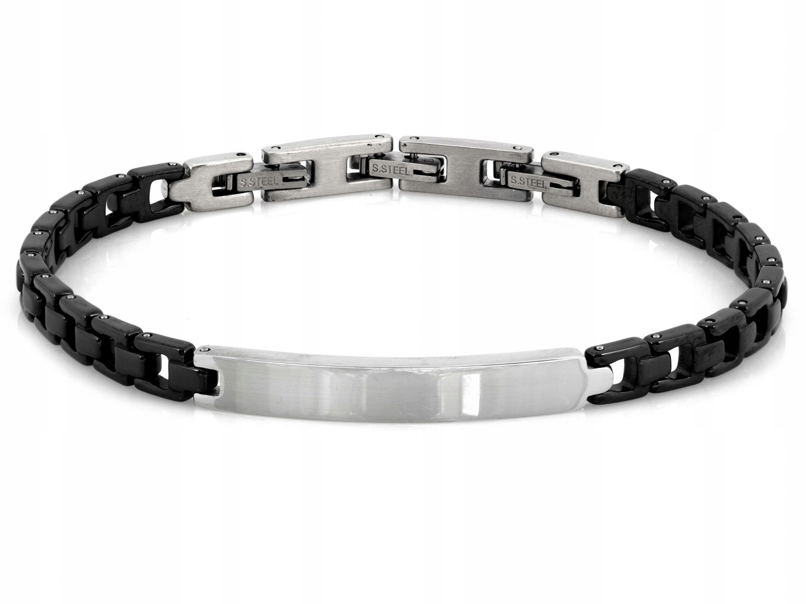 Módní ocelový náramek s plechem pod gravírování 5.5 mm, černé prvky, velikost 22