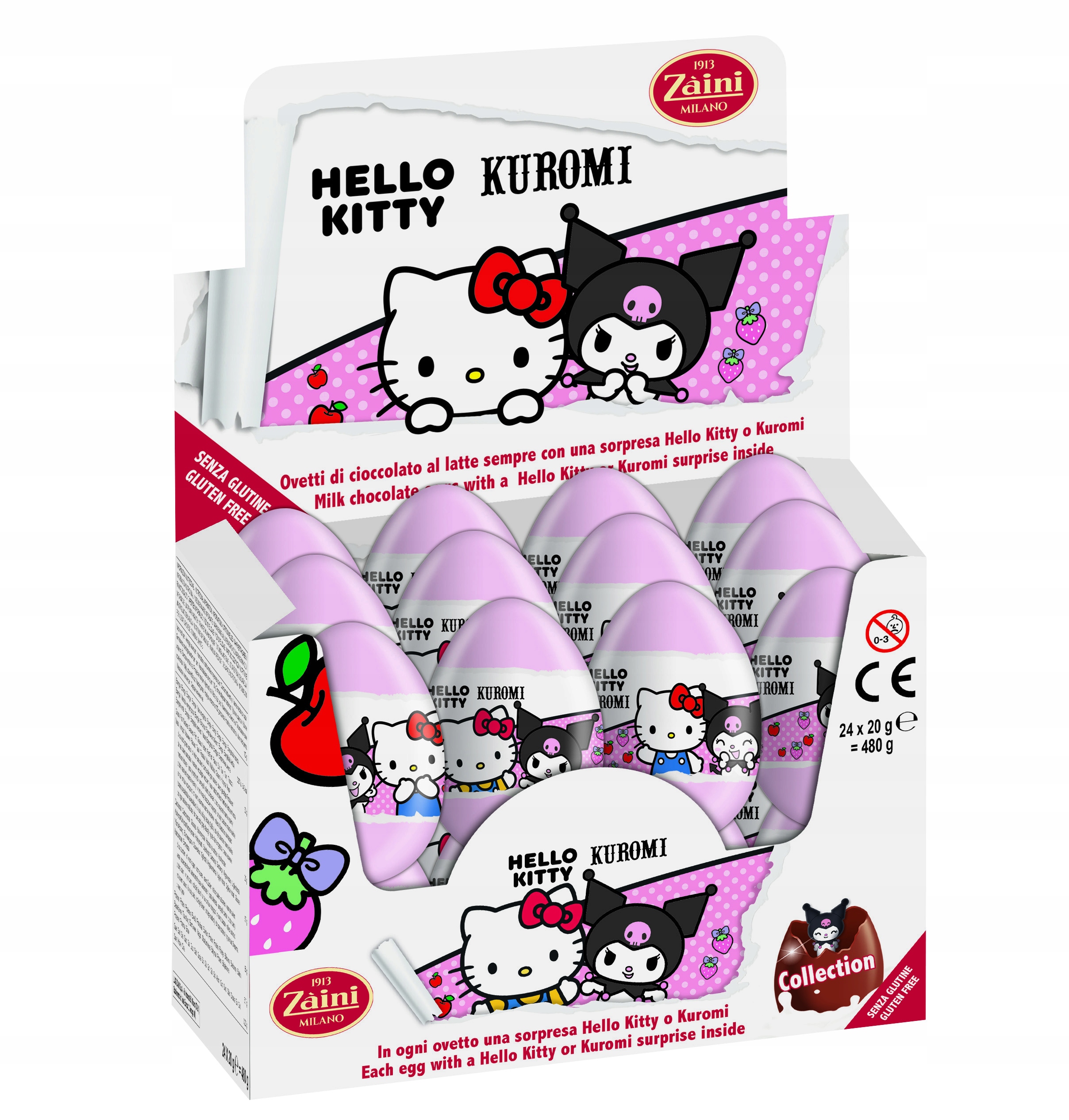Levně Italské Čokoládové Vajíčka Překvapení Kuromi Hello Kitty Karton 24 Kusů