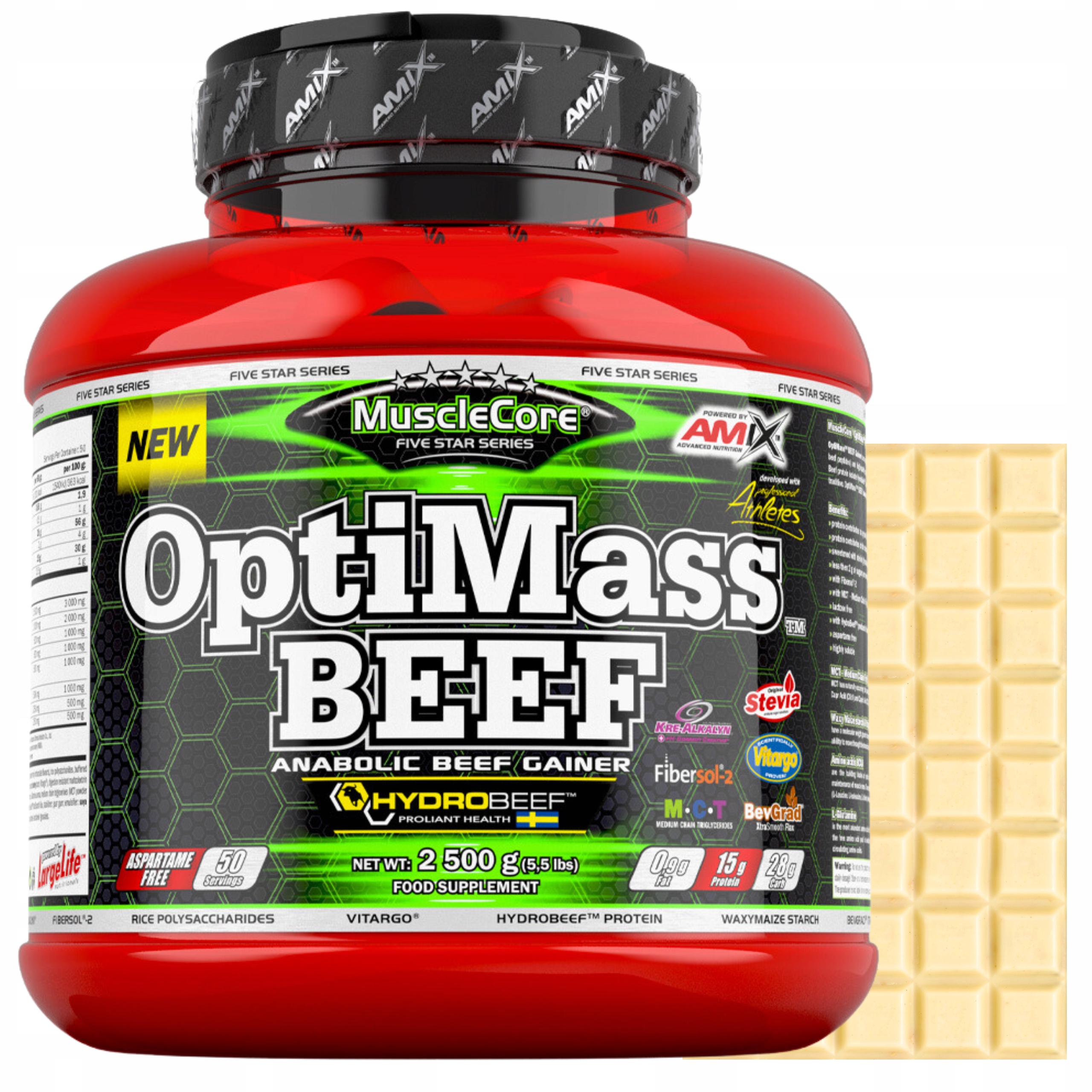 Gainer OptiMass Beef Protein Aminokyseliny Bcaa Vláknina Glutamin L Leucin