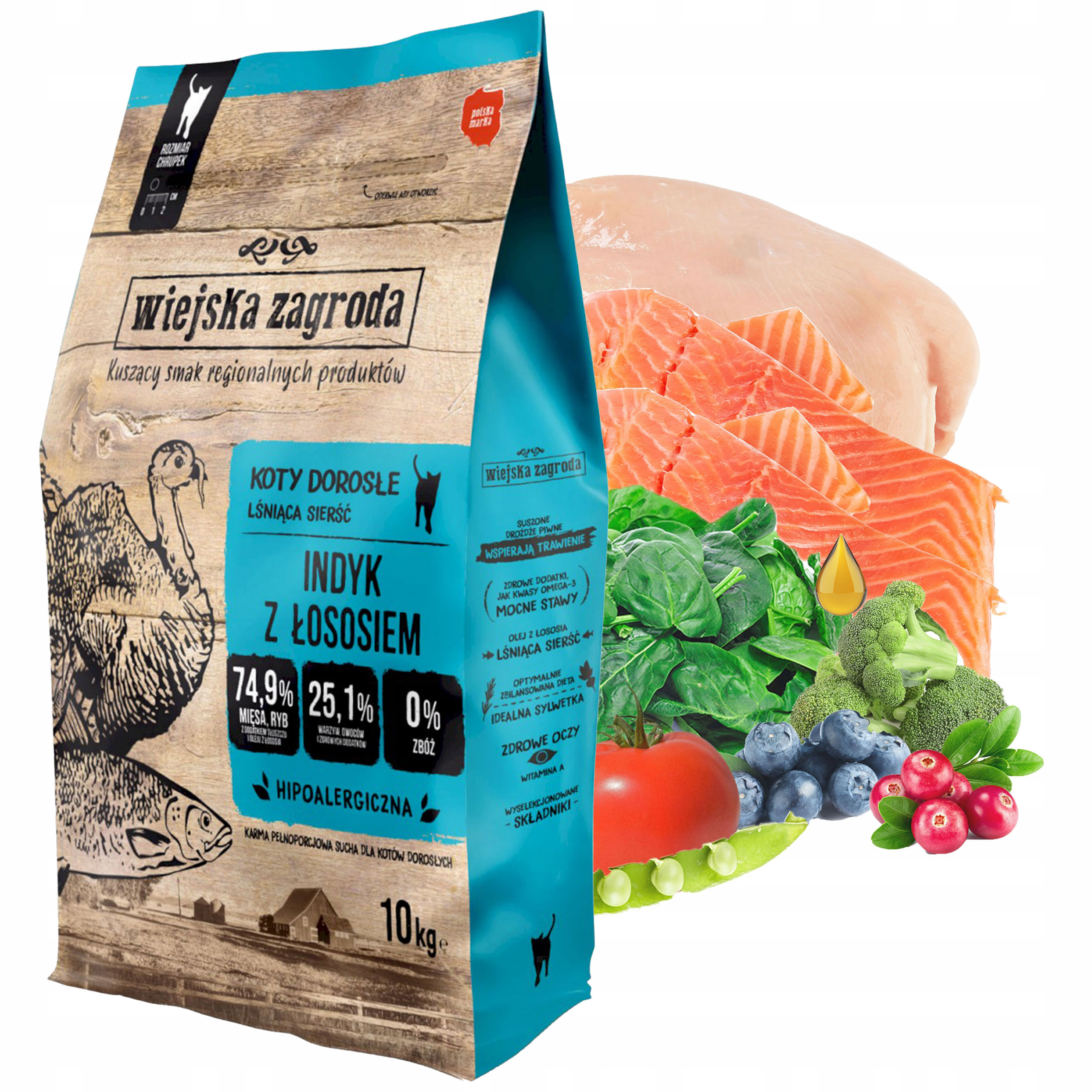 Levně Wiejska Zagroda Krůta Losos krmivo pro kočky suché 10 kg bez obilovin