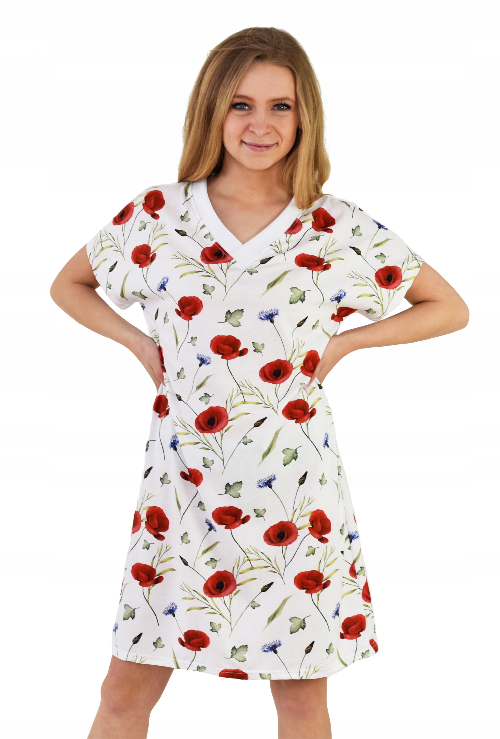 Koszula Nocna bawełniana w maki chabry elegancka Polska głęboki dekolt XL Model 1003