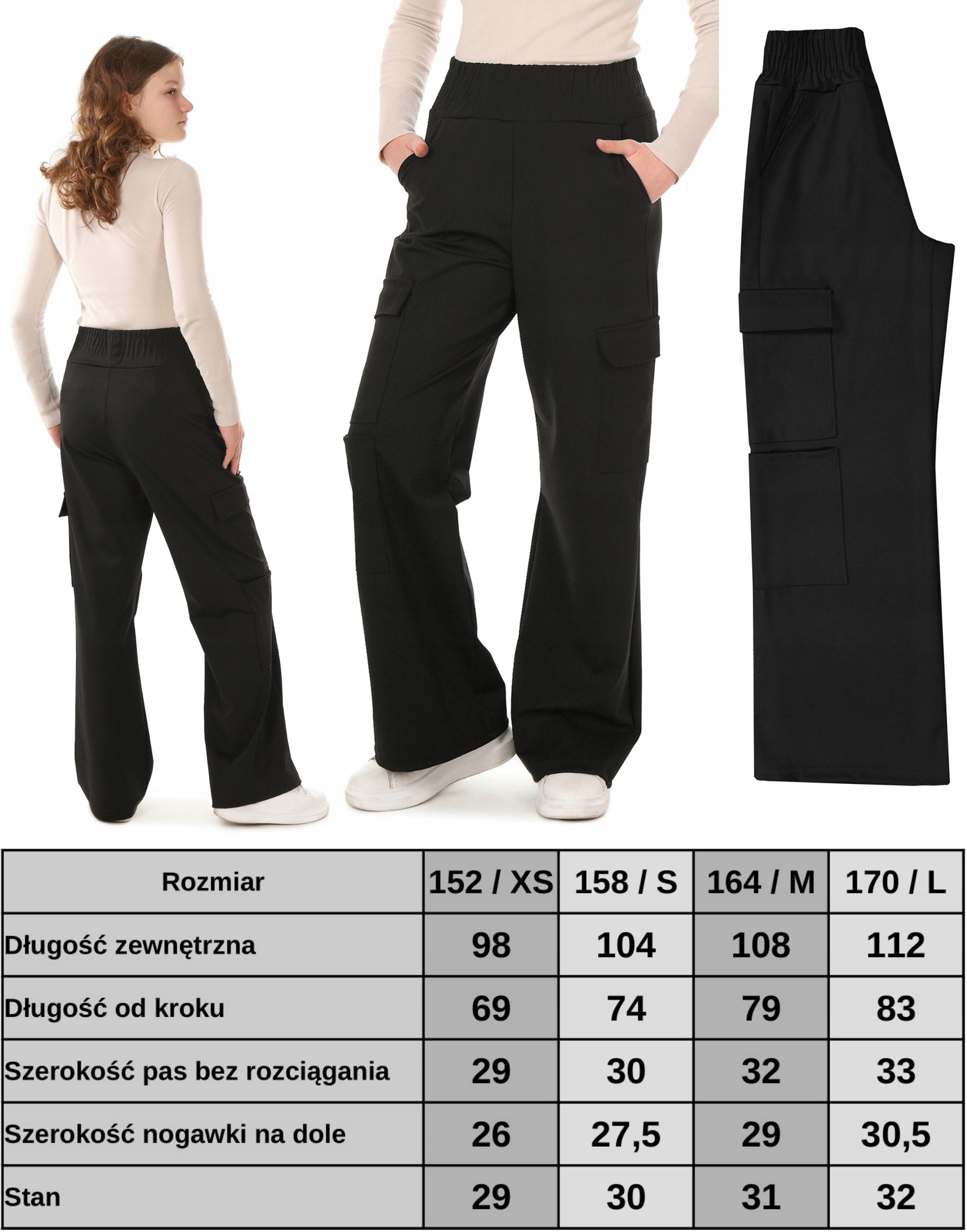 Spodnie BOJÓWKI WIDE LEG Szerokie r.152/XS Prod.PL Kolor czarny
