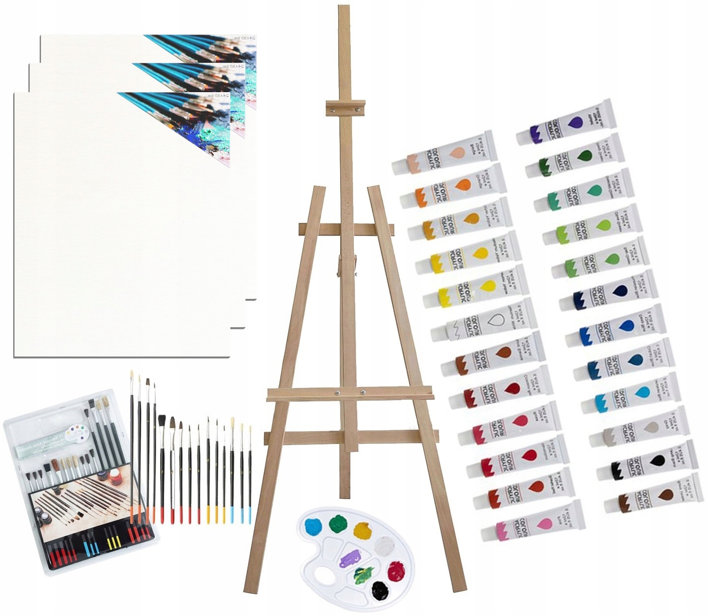 PODOBRAZIE + FARBY 24 SZTUKI + PĘDZLE + SZTALUGA + ZESTAW MALARSKI