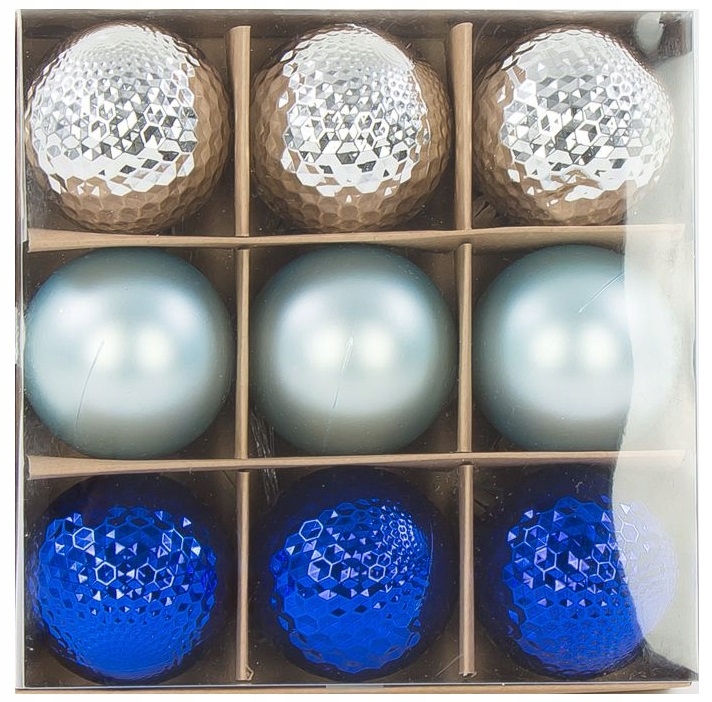

Bombki Plastikowe 6 CM Srebrne Błękit Granat 9 Szt