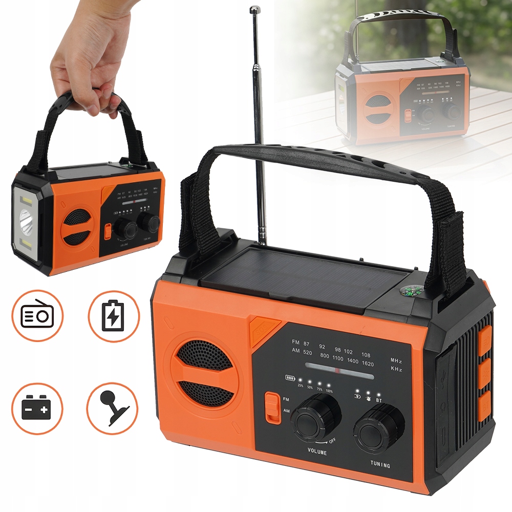 Turistické rádio s nabíjaním kľukou, solárne, powerbanka 20000 mAh, Led