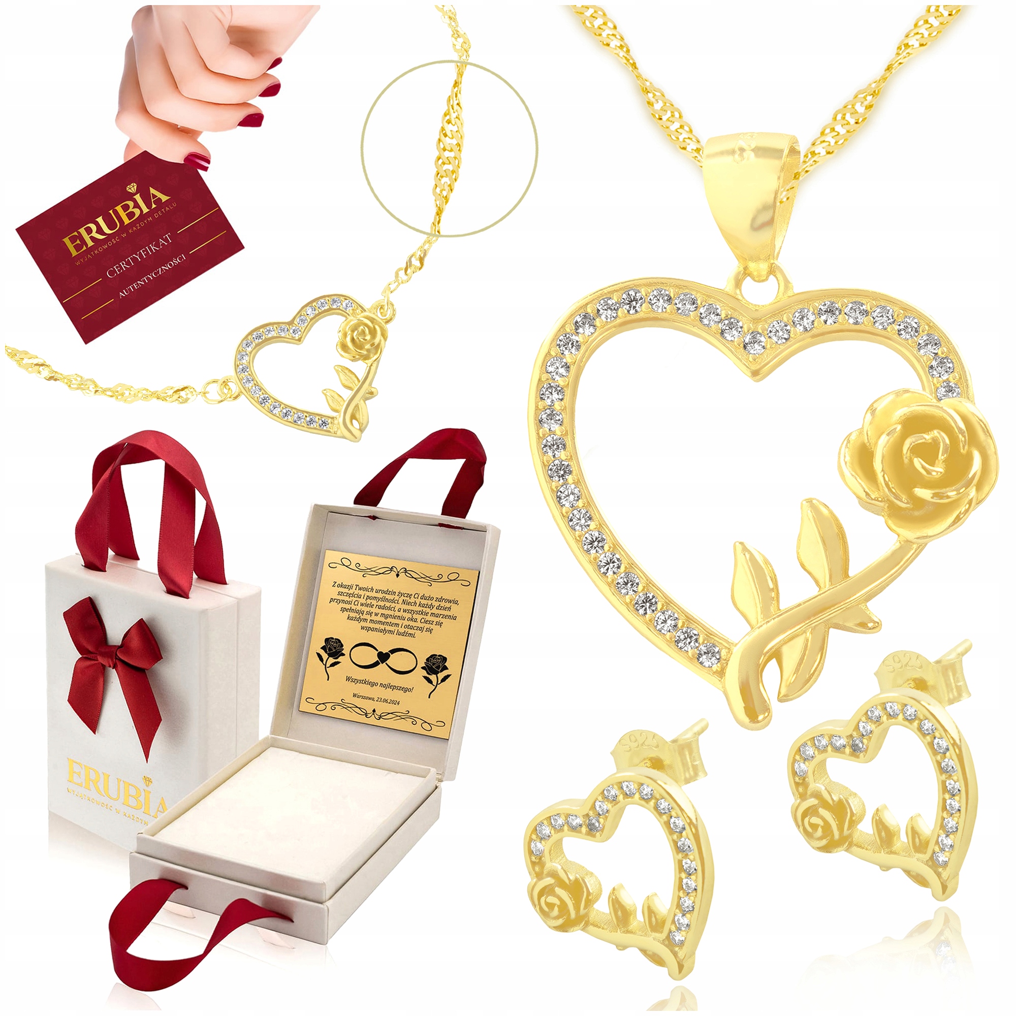 Zlatý Komplet Šperků 925 Zlacené Srdce S Růží A Zirkony 45 CM Gravírování