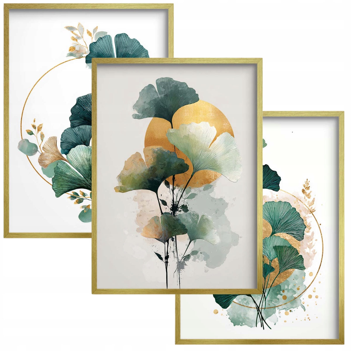 Plakaty na ścianę Obrazy w złotej ramie Tryptyk Liście Złoto Turkus Glamour
