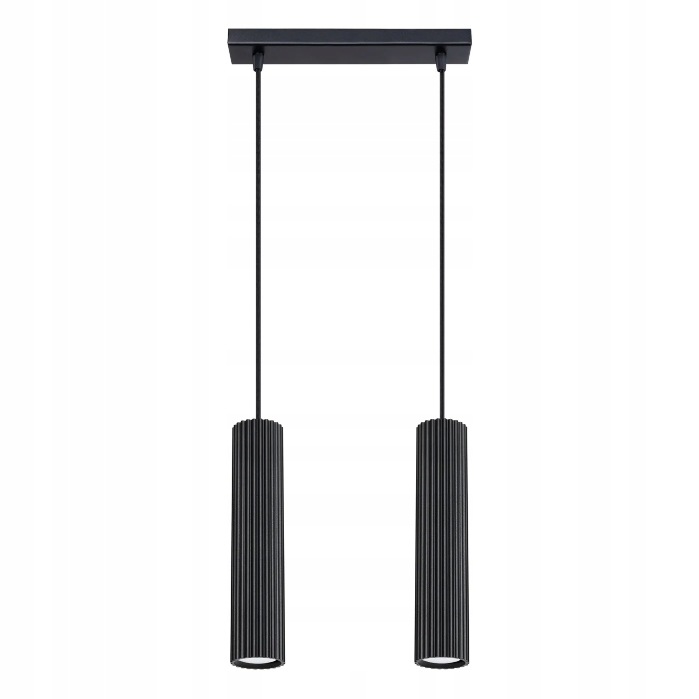 Dvojitá závesná lampa s čiernymi vrúbkovanými tubami 30 cm nad stôl a ostrovček Sollux