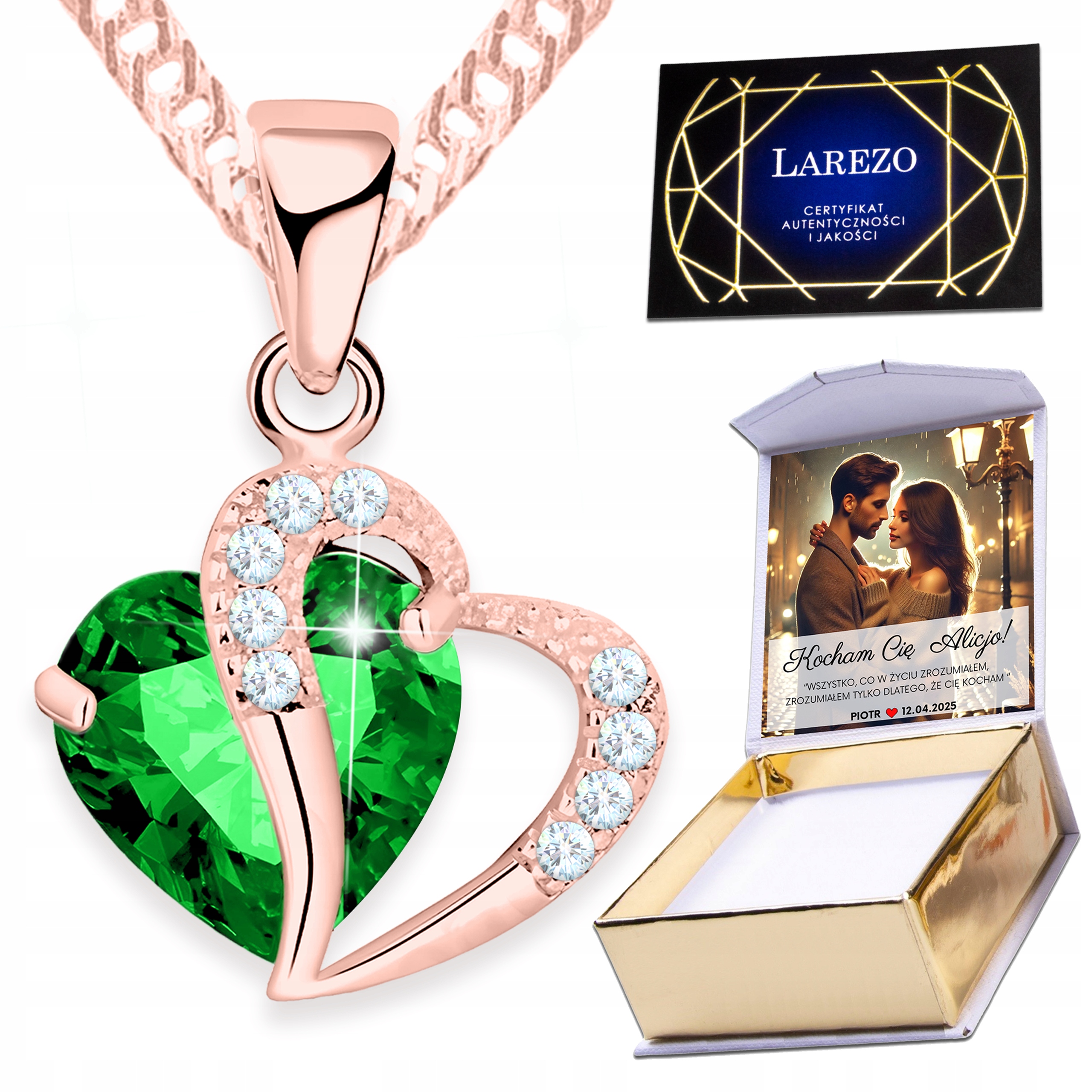 Náhrdelník Pozlacený 925 Zelené Křišťálové Dvě Srdce s Zirkony Potisk