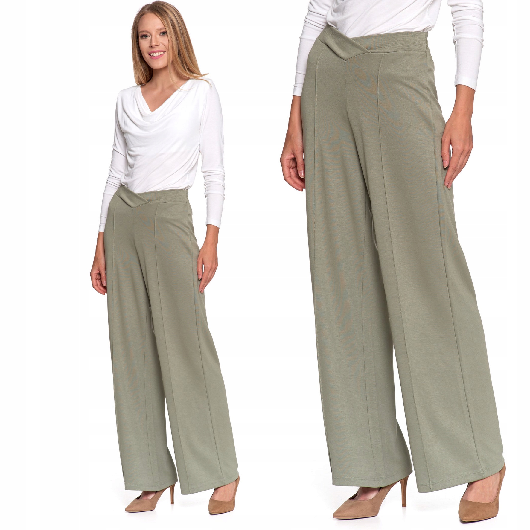 Spodnie Damskie Proste Z Szeroką Noagwką Modne Moraj Zielone L