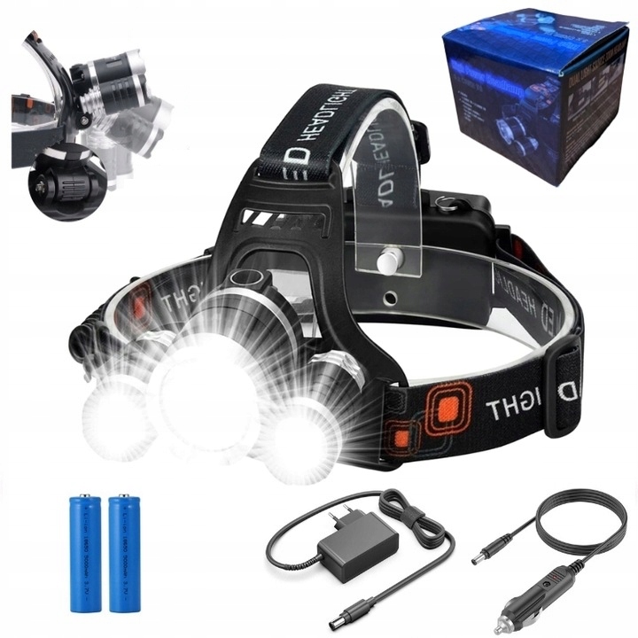 

Mocna Latarka Czołowa 3x Led Cree T6 Na Głowę Aku