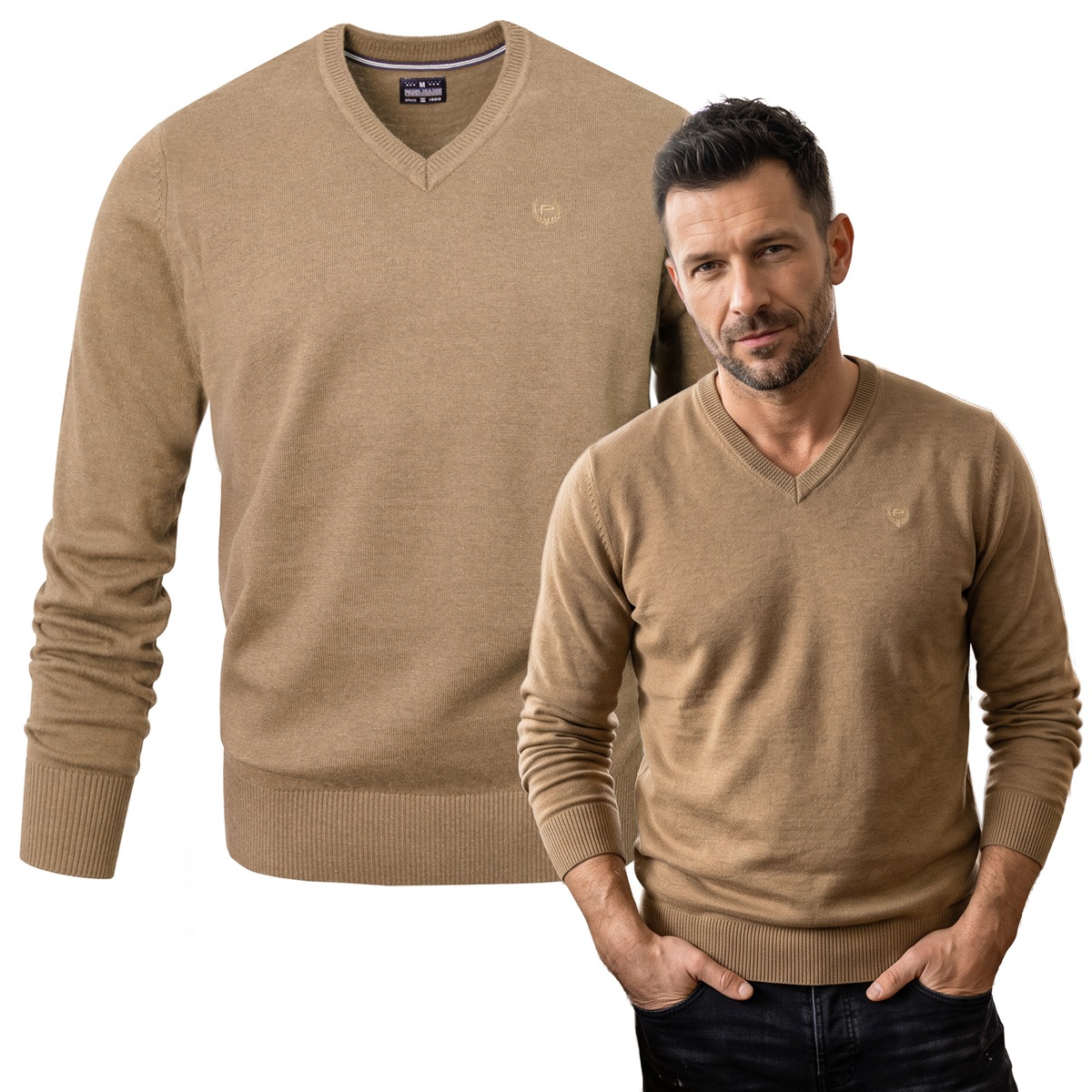 Elegantní pánský svetr s bavlněným sýrem Basic Béžový XL Pako Jeans