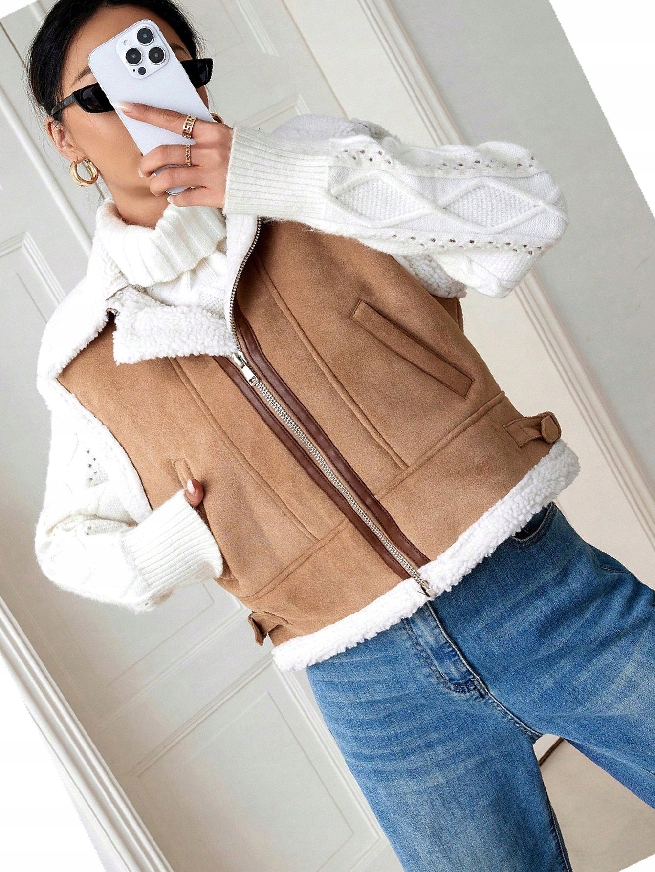 Dámská vesta Casual Krémová Kožíšek Semišová S 36