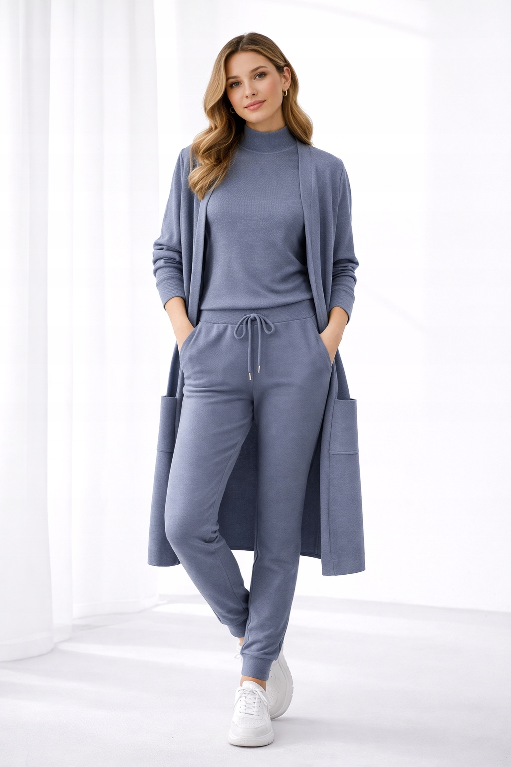 0013 Pletený komplet 3-dílný – stylový a pohodlný set – modrý