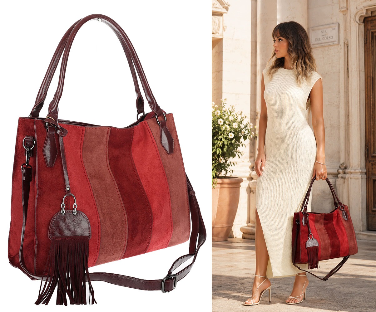 Dámská shopper kabelka, semišová taška s boho střapci přes rameno MC796 Bordó