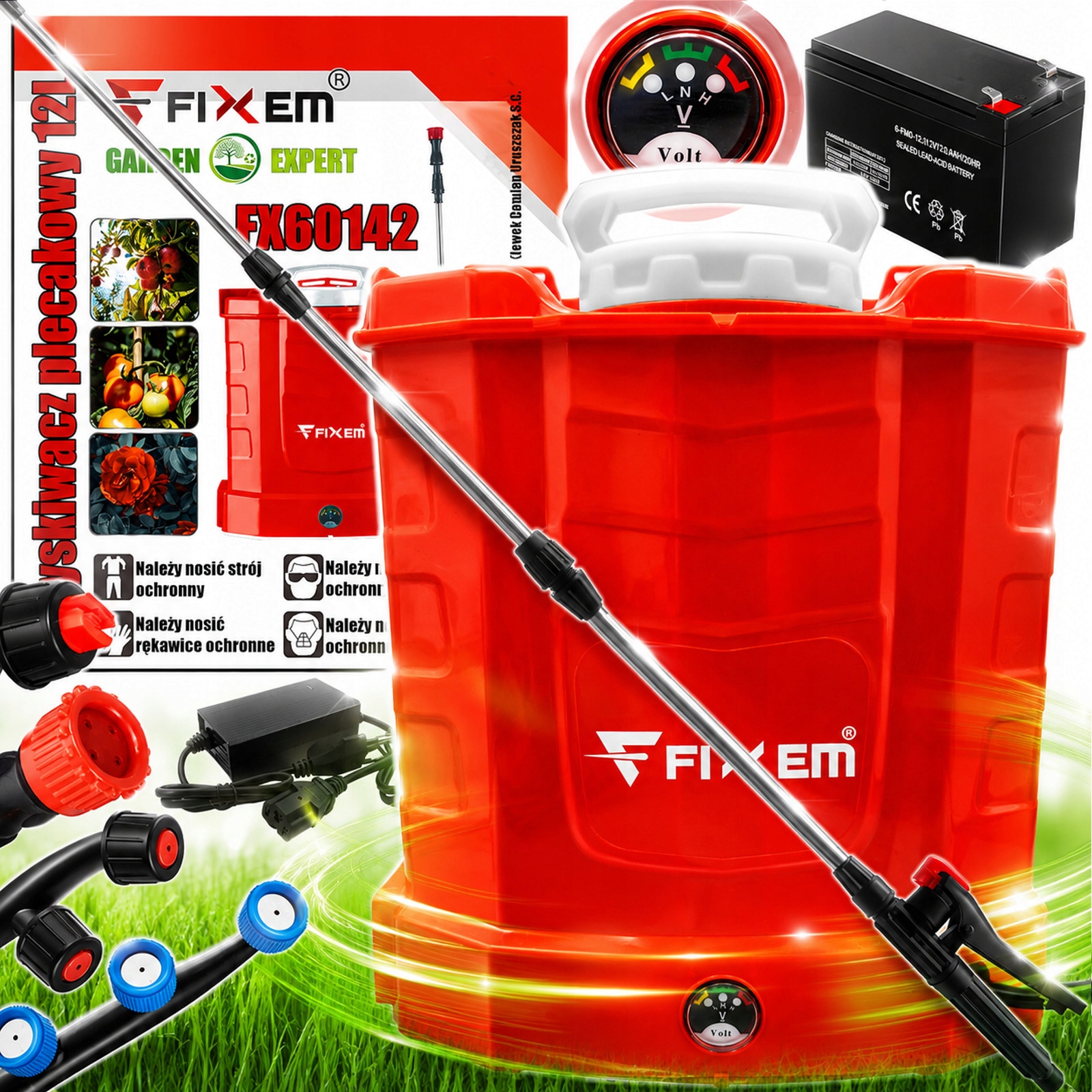 Akumulátorový zádový postřikovač Fixem 12L 12V s teleskopickou lankou