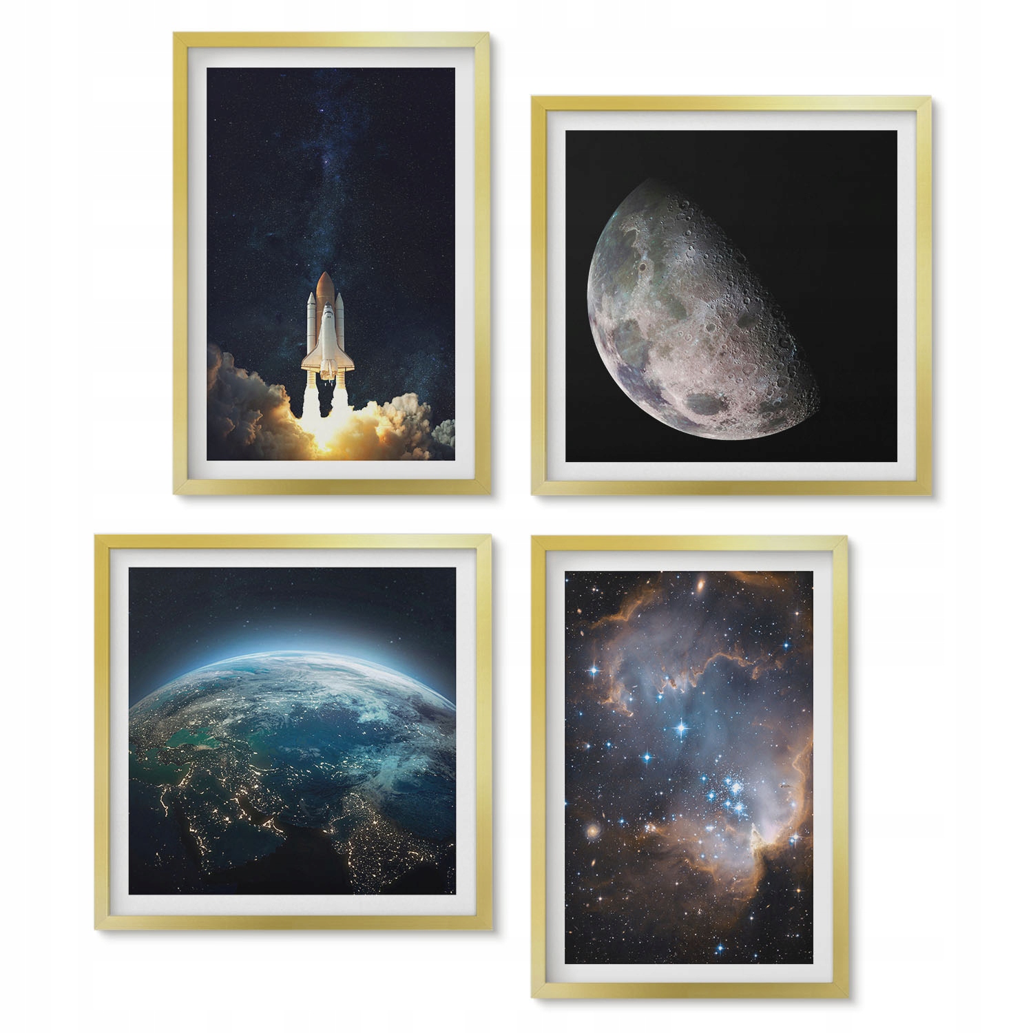 Sada 4 obrazů ve Zlatém rámu Vesmír Země raketa galaxie