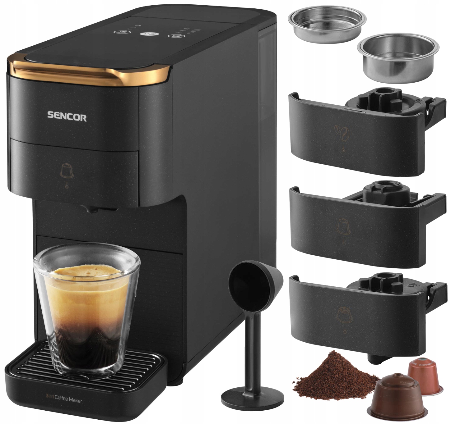 Ekspres Do Kawy Na Kapsułki 3W1 Sencor 1550W 20 Bar 1,5L Akcesoria Czarny