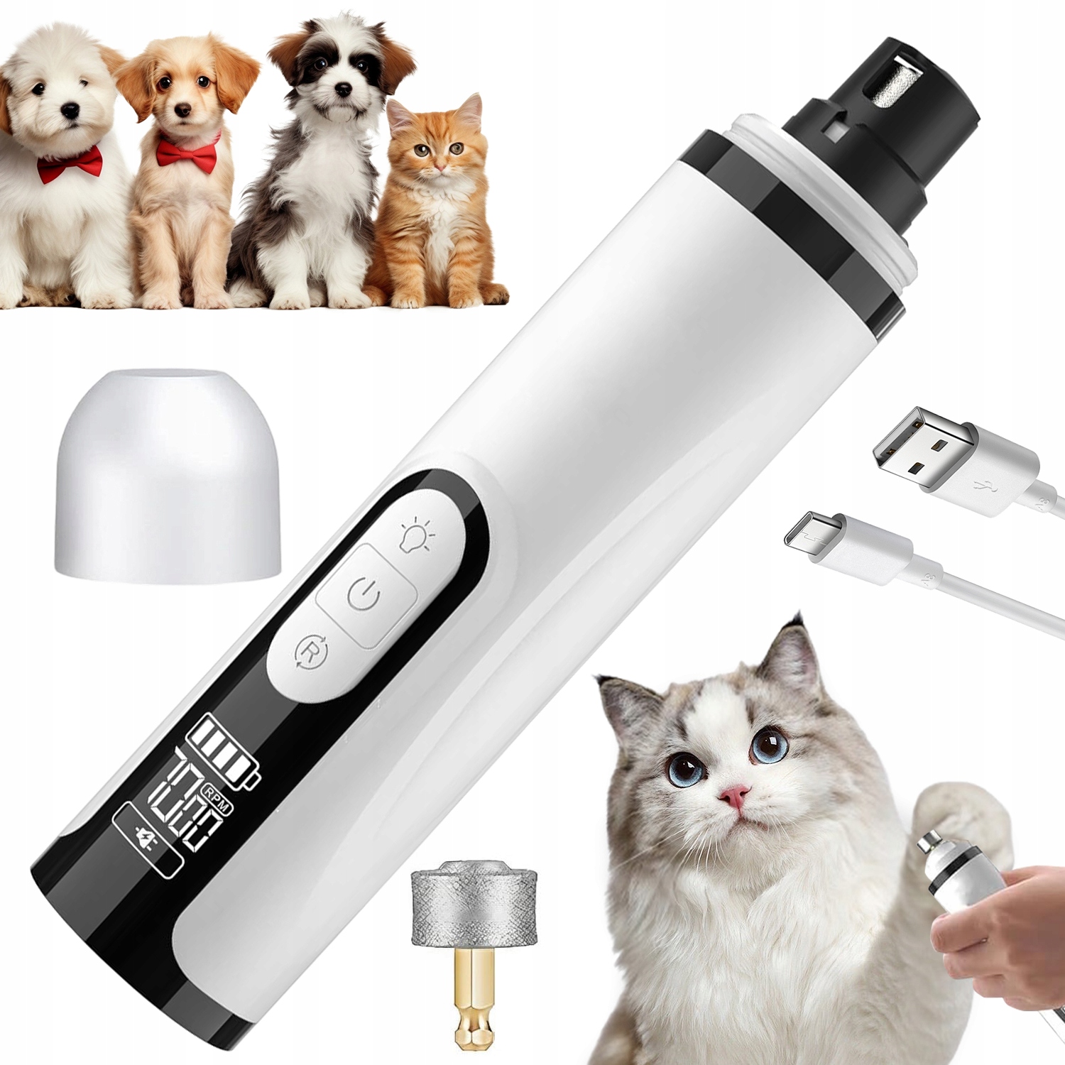 Levně Usb Nabíjecí Mlýnek Na Drápky Se 3 Rychlostmi A Dvěma Led Diodami Pro Psy