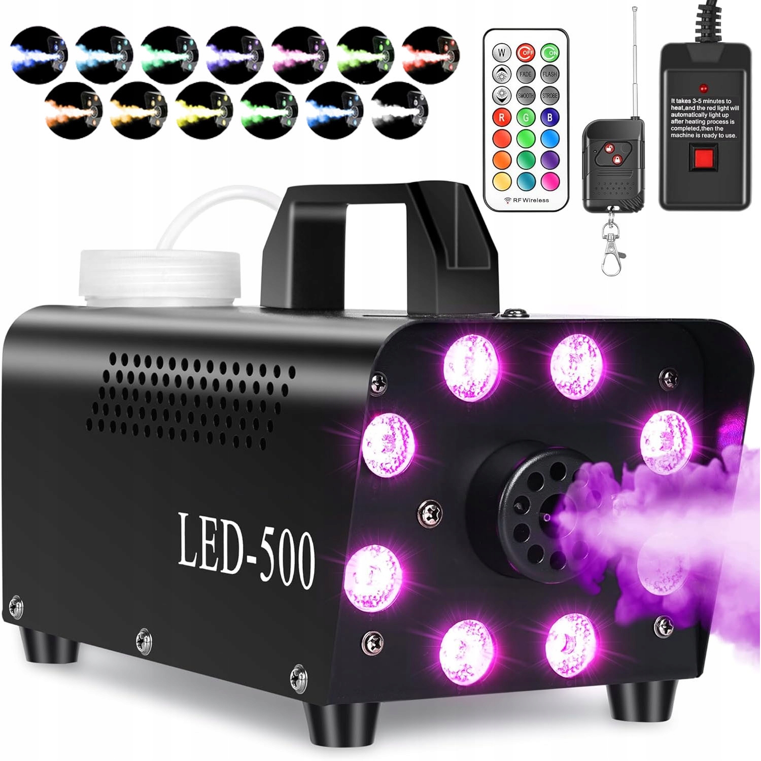 Sada Vyvíječ Generátor Kouře Dýmovač Dálkové Ovládání Mini Led Rgb 500W