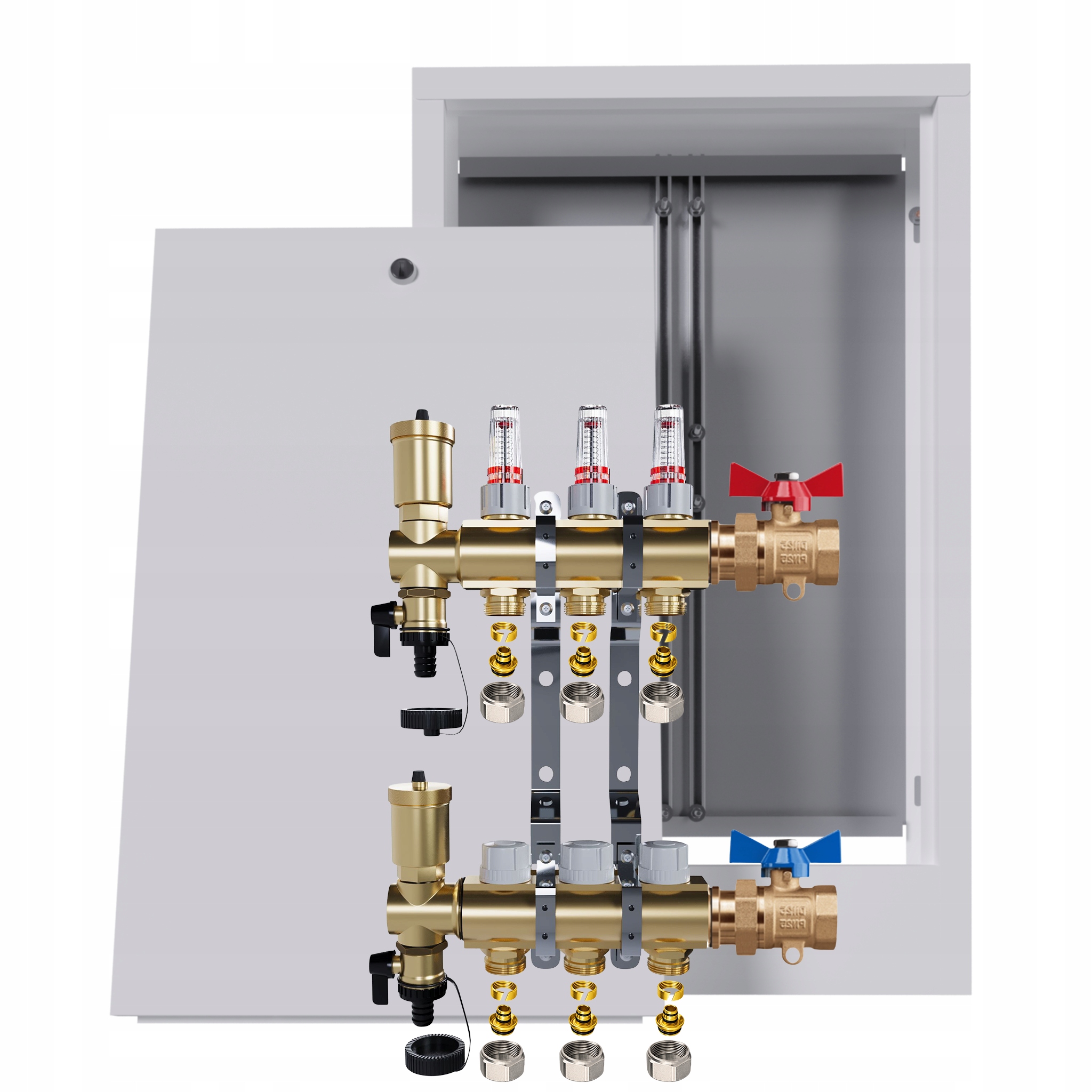 Rozdělovač mosazný podlahový 3 okruhy skříňka jednoduchý ventil Pex